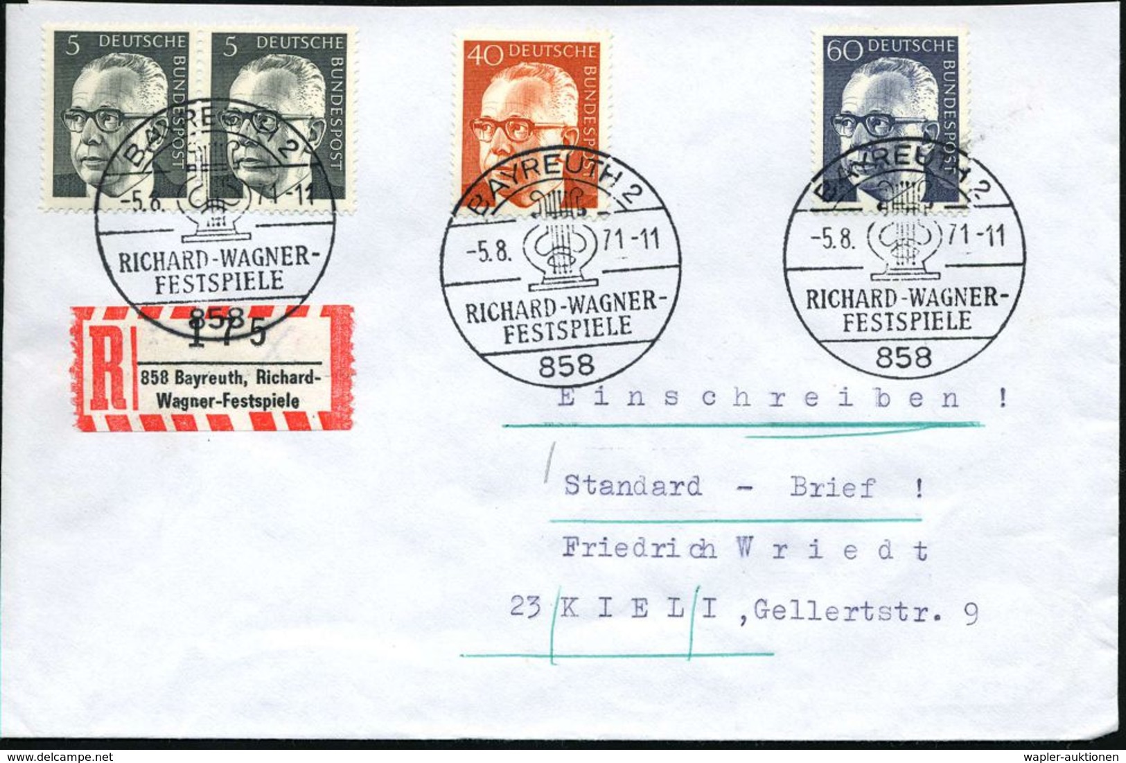 RICHARD WAGNER : 858 BAYREUTH 2/ RICHARD-WAGNER-/ FESTSPIELE 1971 (5.8.) SSt (Lyra) 3x + Sonder-RZ: 858 Bayreuth, Richar - Musique