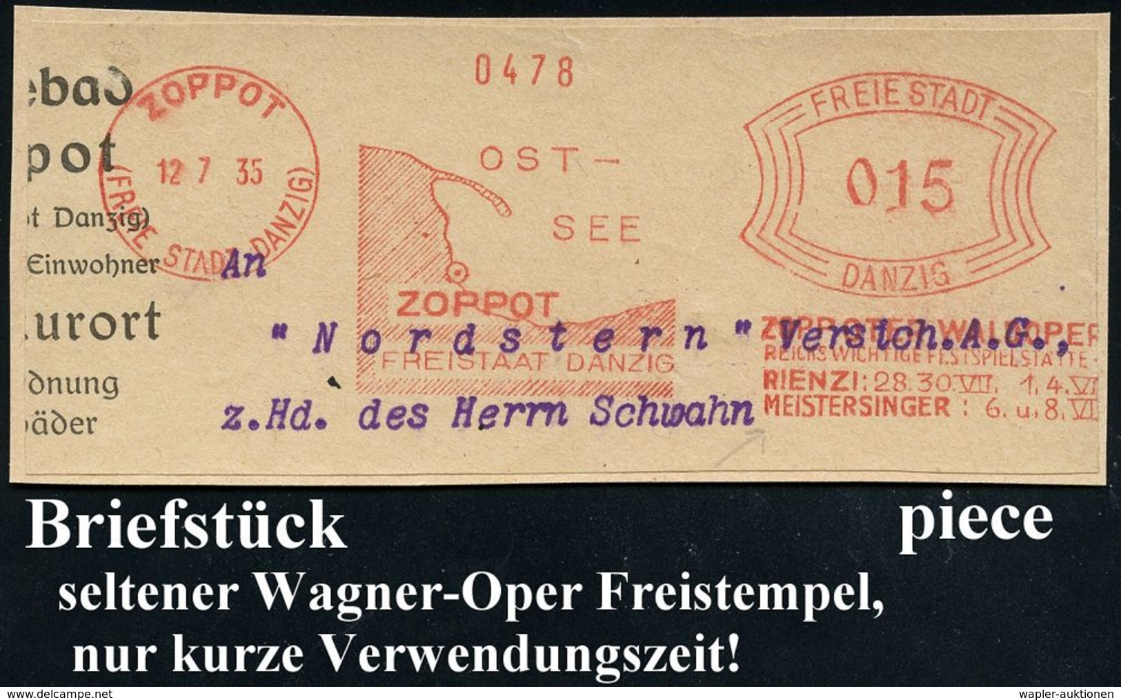 RICHARD WAGNER : ZOPPOT/ (FREIE STADT DANZIG)/ ZOPPOTER WALDOPER/ ..RIENZI: 28,30.VII 1,4.VIII/ MEISTERSINGER: 6.u.8.VII - Musique