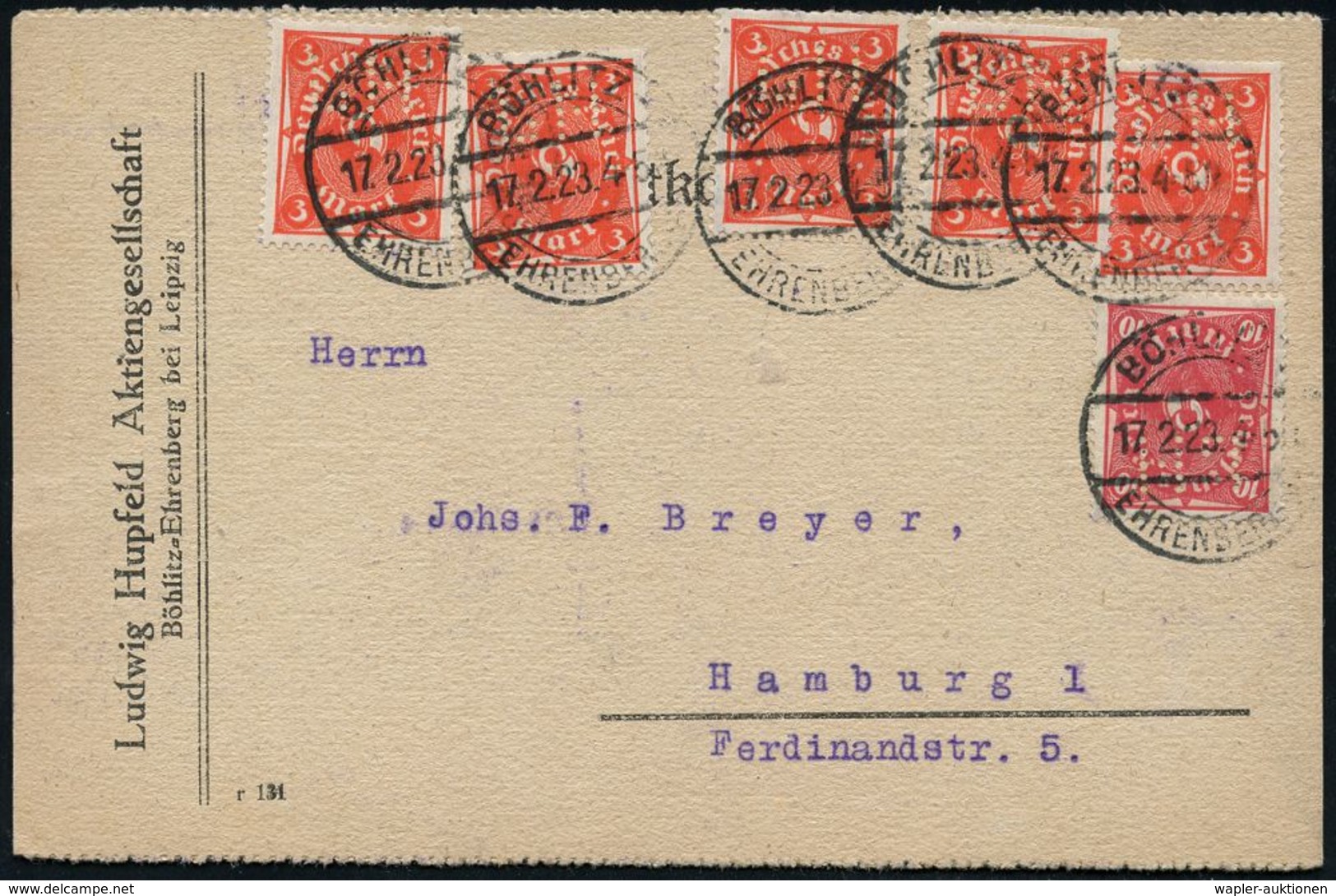 MUSIK-INSTRUMENTE ALLGEMEIN : BÖHLITZ-/ EHRENBERG/ A 1923 (17.2.) 1K-Brücke Mehrfach Auf 6x 3 Mk. Posthorn, Rot J(Rollen - Musique