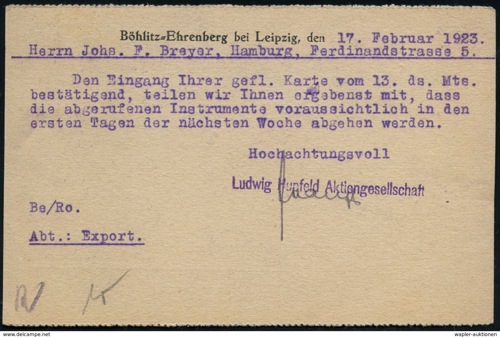 MUSIK-INSTRUMENTE ALLGEMEIN : BÖHLITZ-/ EHRENBERG/ A 1923 (17.2.) 1K-Brücke Mehrfach Auf 6x 3 Mk. Posthorn, Rot J(Rollen - Music