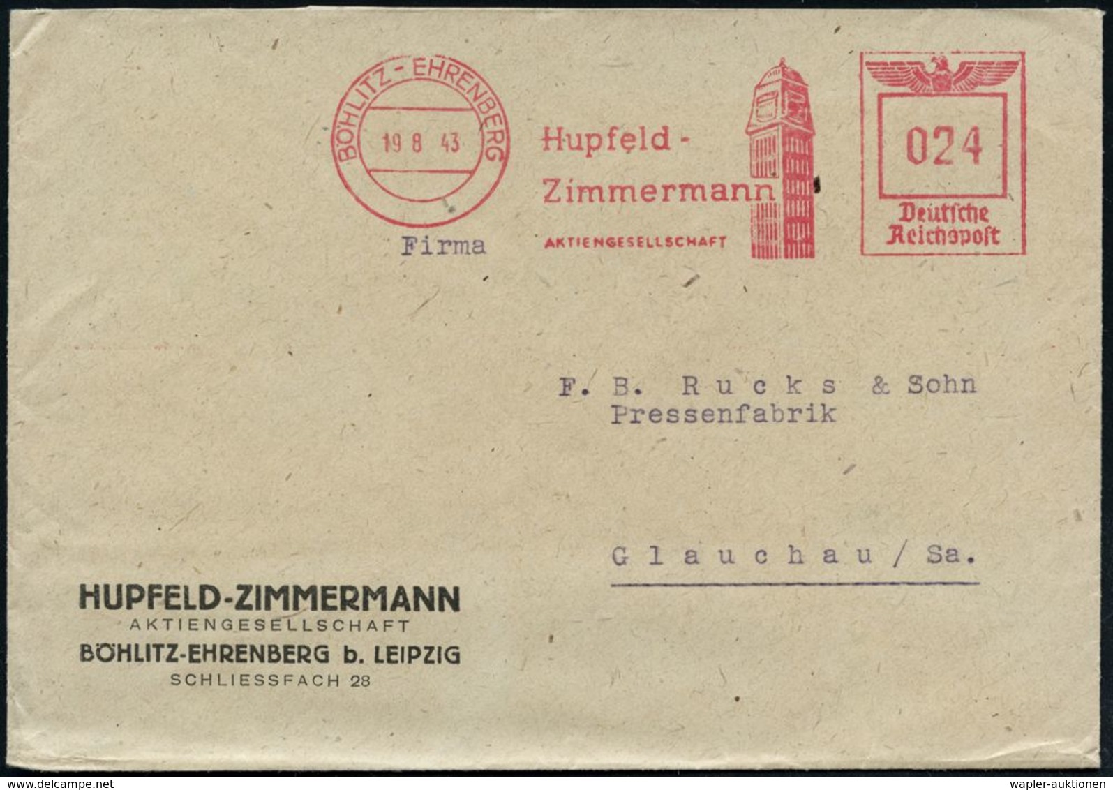 MUSIK-INSTRUMENTE ALLGEMEIN : BÖHLITZ-EHRENBERG/ Hupfeld-/ Zimmermann/ AG 1943 (7.8.) AFS = Fabrik-Turm (im II. Wk. Zers - Musik