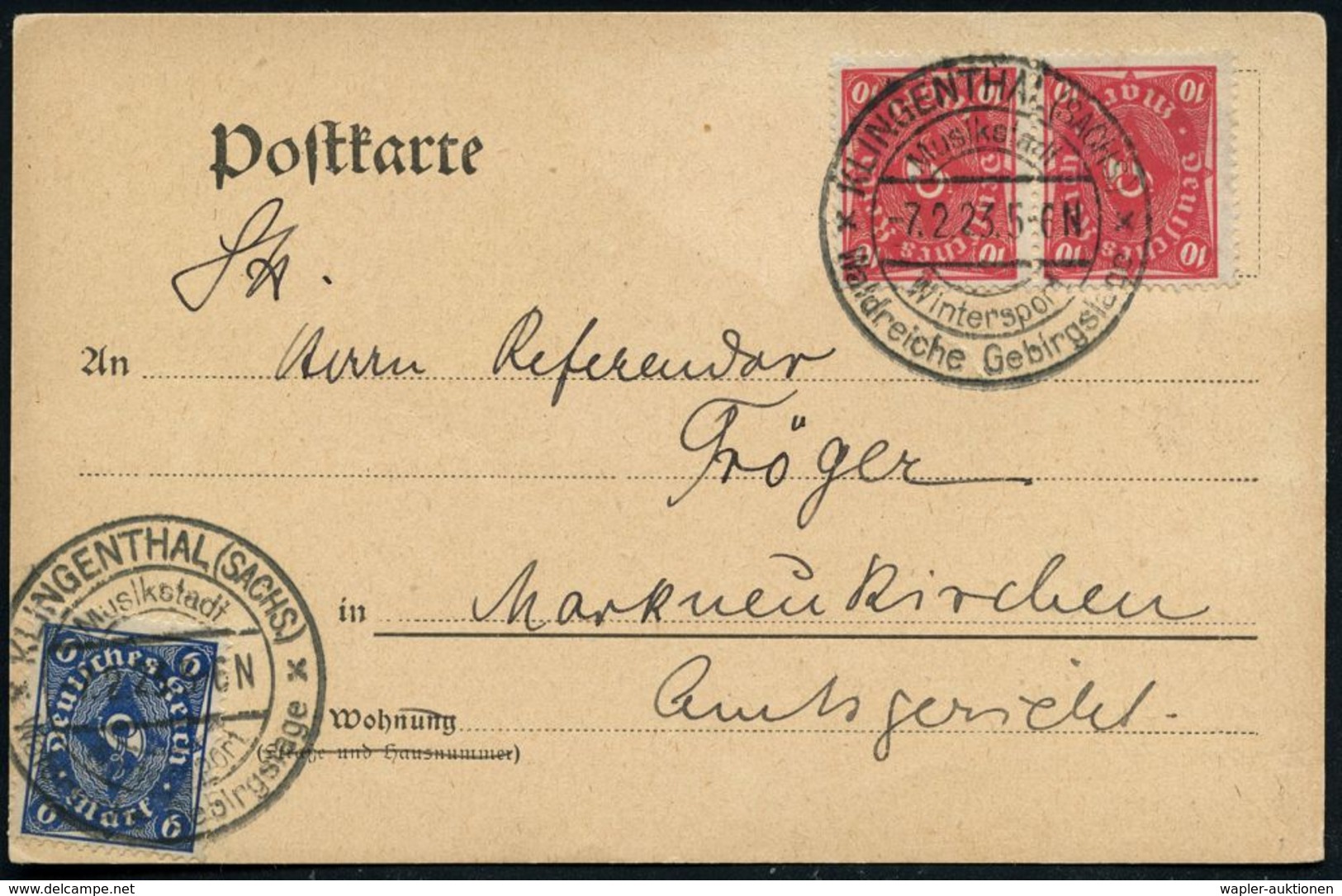 MUSIK-INSTRUMENTE ALLGEMEIN : KLINGENTHAL(SACHS)/ Musikstadt/ Wintersport.. 1923 (4.1.) HWSt 2x Klar Auf Bedarfs-Infla-K - Music