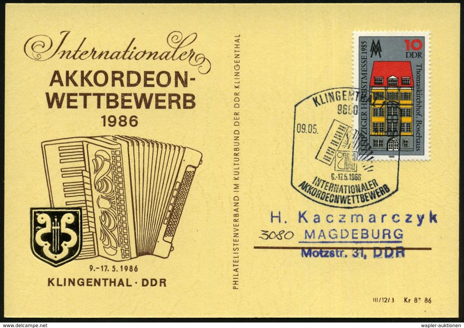 MUSIK-INSTRUMENTE ALLGEMEIN : 9650 KLINGENTHAL 1/ INTERNAT./ AKKORDEONWETTBEWERB 1986 (9.5.) SSt = Akkordeon , Klar Gest - Music