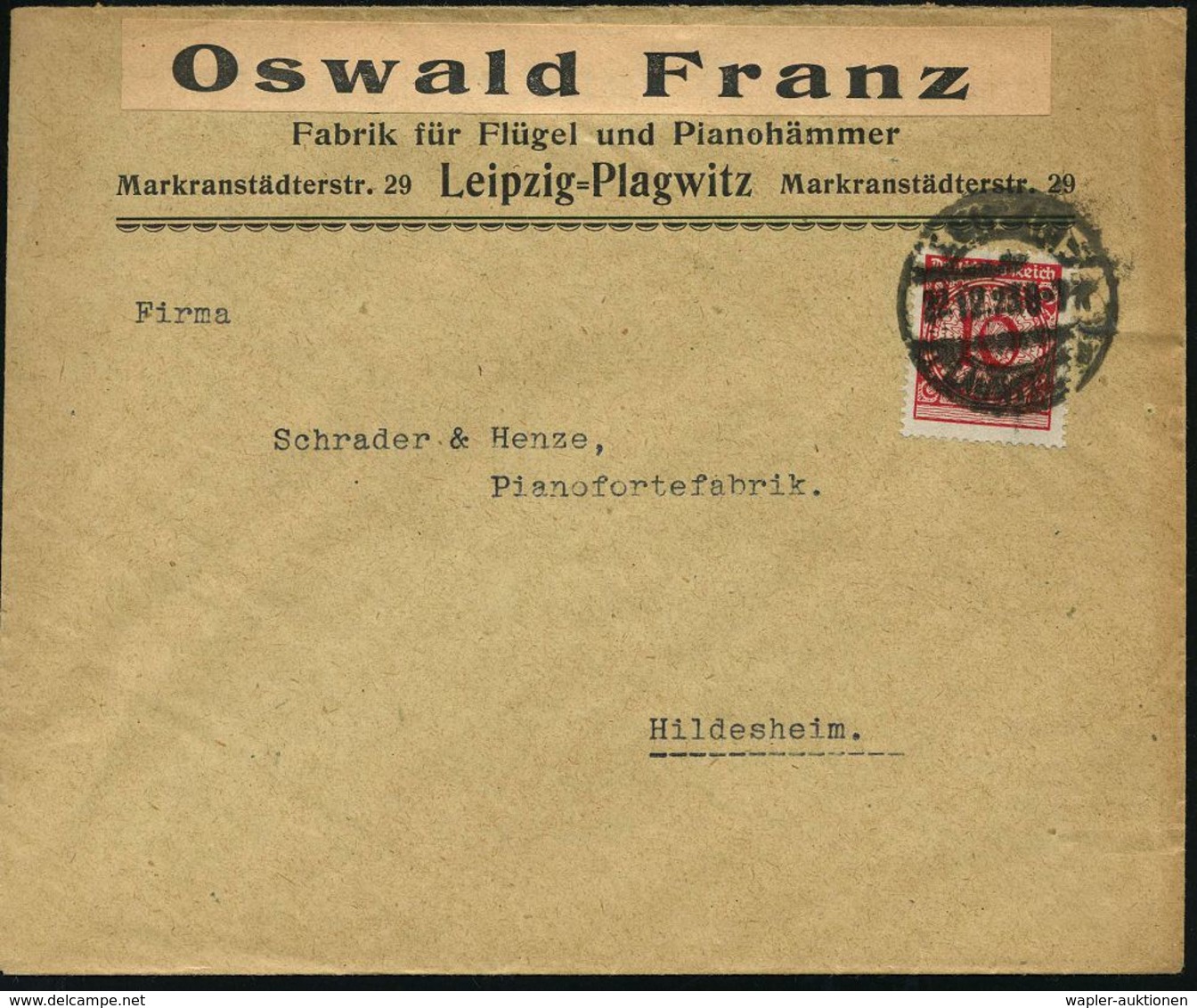 MUSIK-INSTRUMENTE ALLGEMEIN : Leipzig-Plagwitz 1923 (22.12.) überklebter Firmenbf.: Oswald Franz, Fabrik Für Flügel U. P - Music