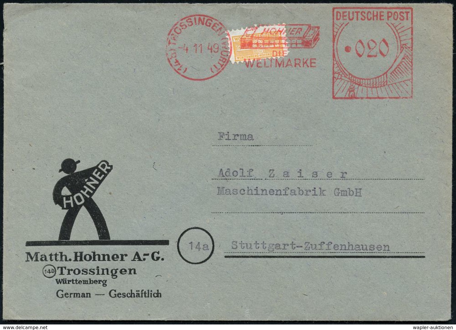 MUSIK-INSTRUMENTE ALLGEMEIN : TROSSINGEN (WÜRTT)/ HOHNER/ DIE/ WELTMARKE 1949 (20.12.) AFS Typ FZ "gr. Posthorn"  = Mund - Music