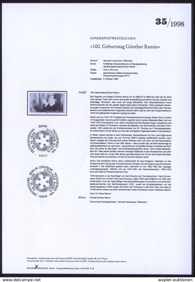 MUSIK-INSTRUMENTE ALLGEMEIN : B.R.D. 1998 (Sept.) 100 Pf. "100. Geburtstag Günther Ramin", Postfr. Mit Amtl. Handstempel - Musique