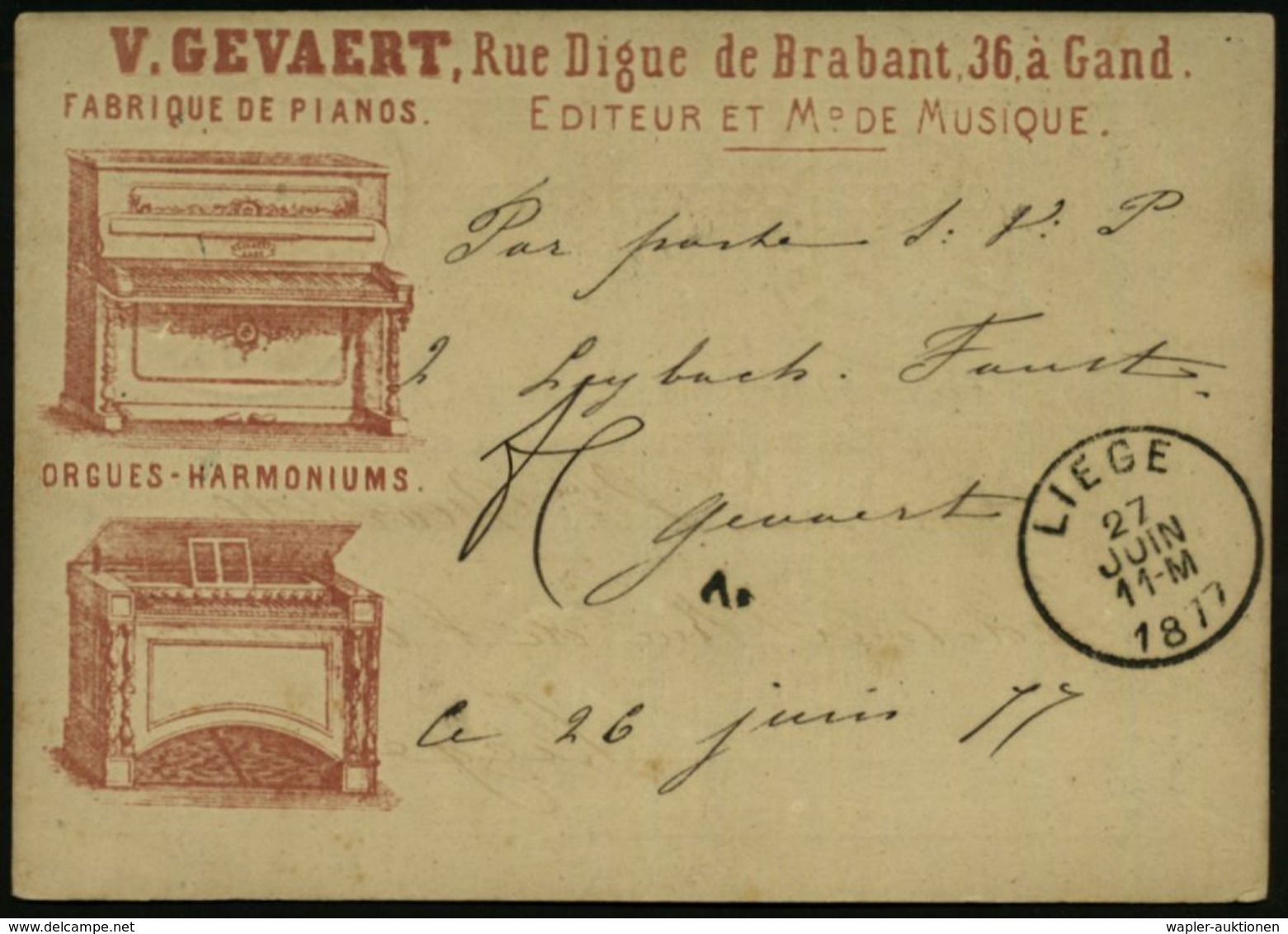 MUSIK-INSTRUMENTE ALLGEMEIN : BELGIEN 1877 (26.6.) Reklame-PP 5 C. Ziffer, Viol.: V. GEVAERT.. Gand, FABRIQUE DE PIANOS  - Musique