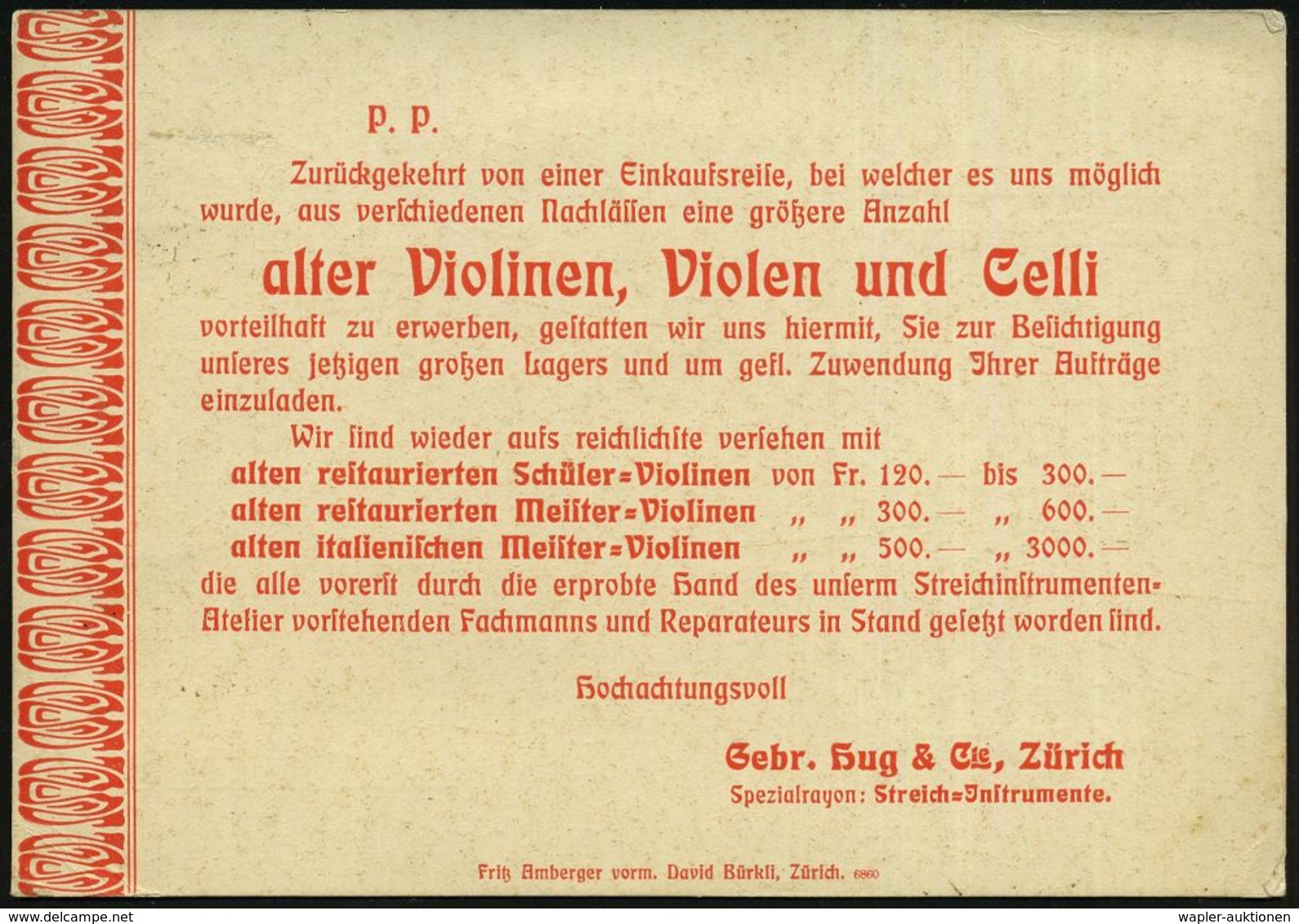 MUSIK-INSTRUMENTE ALLGEMEIN : SCHWEIZ 1895 (6.5.) Reklame-Kt.: Gebr. Hug & Cie.. Zürich Streich=Jnstrumente (Firmenlogo  - Music