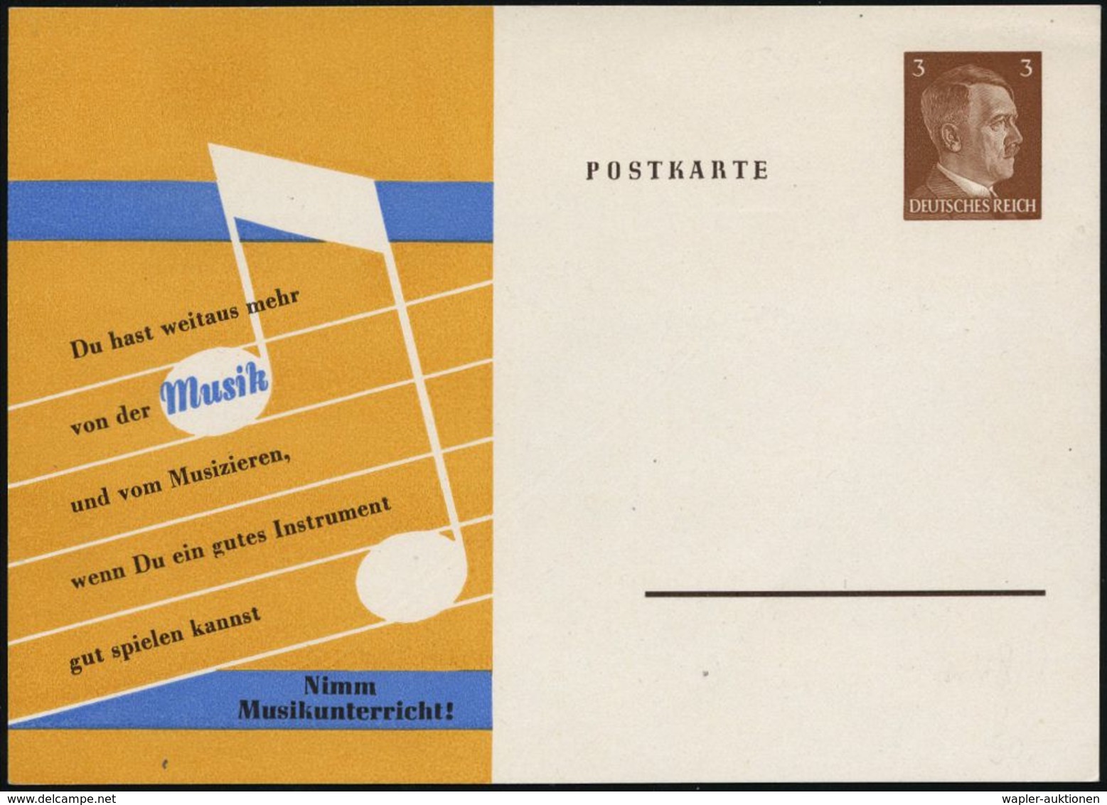 NOTEN / NOTENSCHLÜSSEL : DEUTSCHES REICH 1941 PP 3 Pf. Hitler, Braun: Nimm Musikunterricht!.. = Doppel-Note , Ungebr., S - Musique