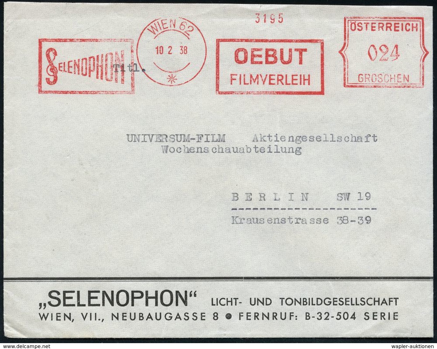 NOTEN / NOTENSCHLÜSSEL : ÖSTERREICH 1938 (10.2.) AFS Mit Doppel-Werbung: WIEN 62/*/SELENOPHON/OEBUT/FILMVERLEIH = Violin - Musik