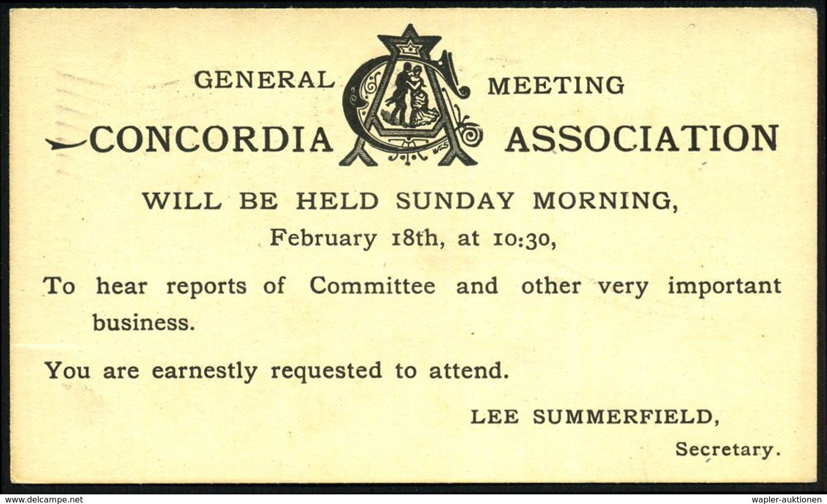 TANZ / TANZSPORT / BALLETT : U.S.A. 1900 (13.2.) Reklame-PP 1 C. Jefferson, Schwarz: GENERAL MEETING CONCORDIA ASSOC. =  - Dance