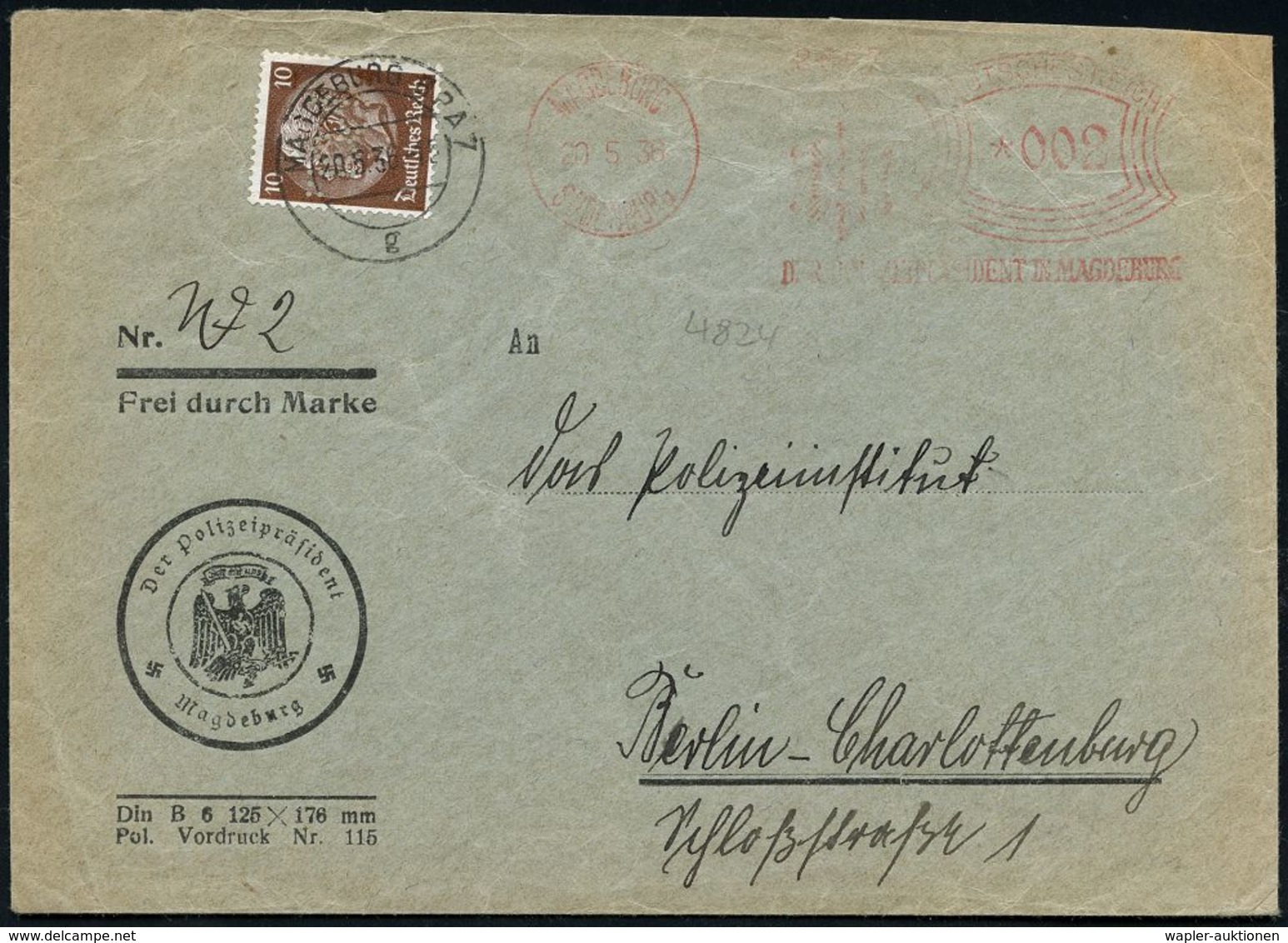 POLIZEI / VERBRECHENBEKÄMPFUNG : MAGDEBURG BPA 7g 1936 (20.5.) 2K-Steg Auf EF 10 Pf. Hindenburg, Braun Mit Behörden-Loch - Polizia – Gendarmeria