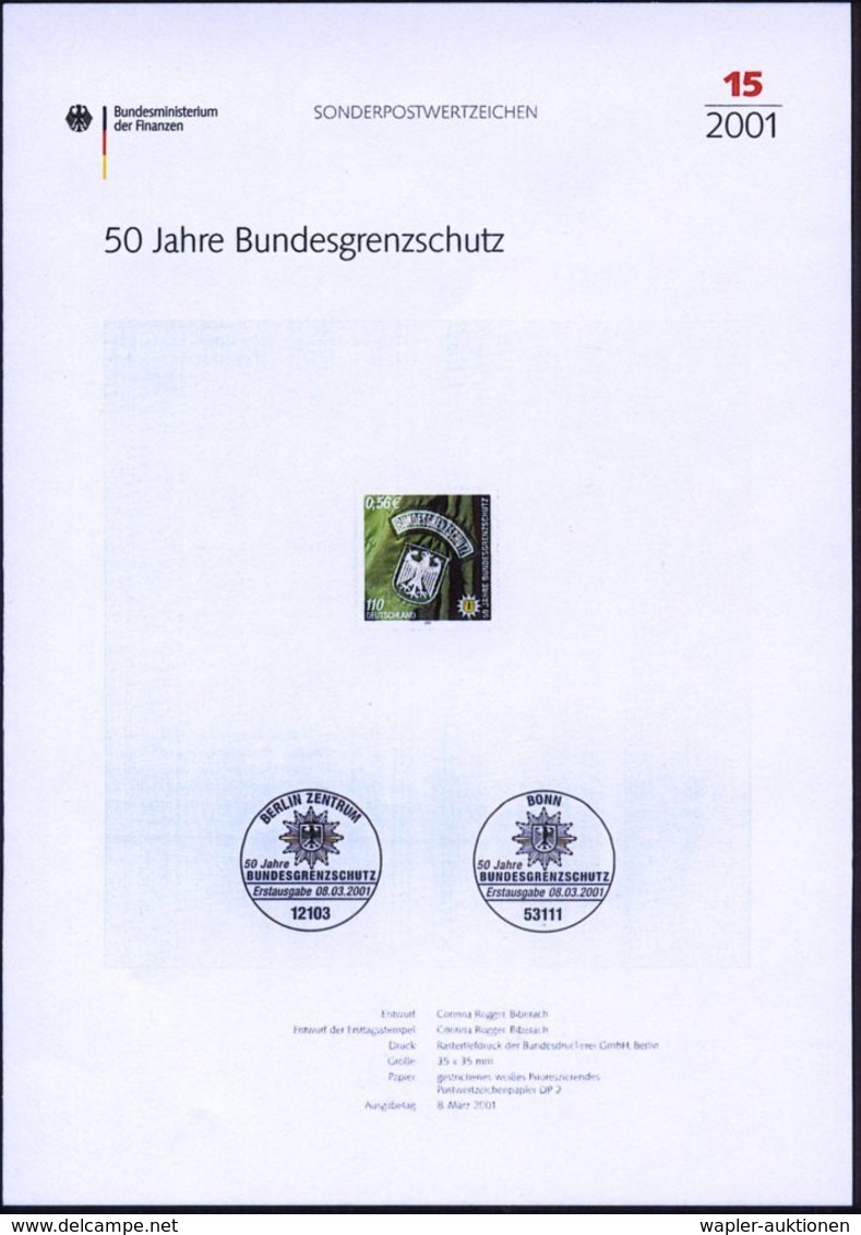 POLIZEI / VERBRECHENBEKÄMPFUNG : B.R.D. 2001 (März) 110 Pf. (56 C.) "50 Jahre Bundesgrenzsschutz" Mit Amtl. Handstempel  - Police - Gendarmerie