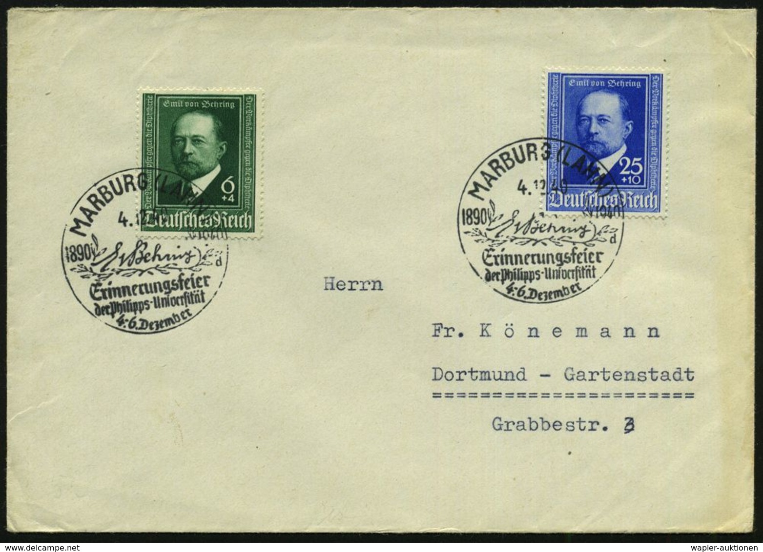 NOBELPREIS / NOBELPREISTRÄGER : MARBURG (LAHN)/ D/ E V Behring/ Erinnerungsfeier.. 1940 (4.12.) SSt Mit UB "d" (Schriftz - Nobel Prize Laureates