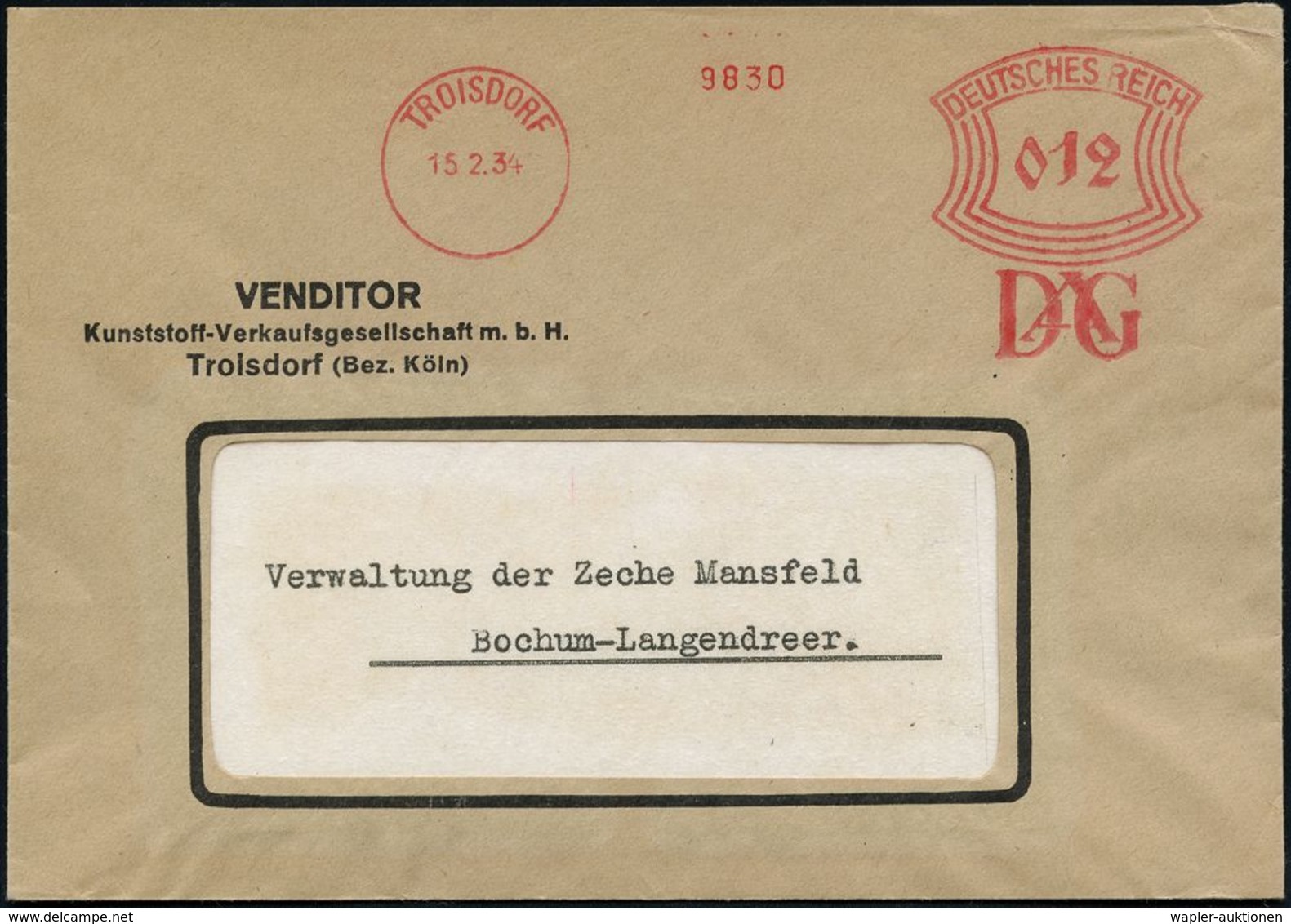 NOBELPREIS / NOBELPREISTRÄGER : TROISDORF/ DAG 1934 (15.2.) AFS = D Ynamit-Nobel A.G. Klar Gest., Firmen-Bf.: VENDITOR,  - Nobelpreisträger