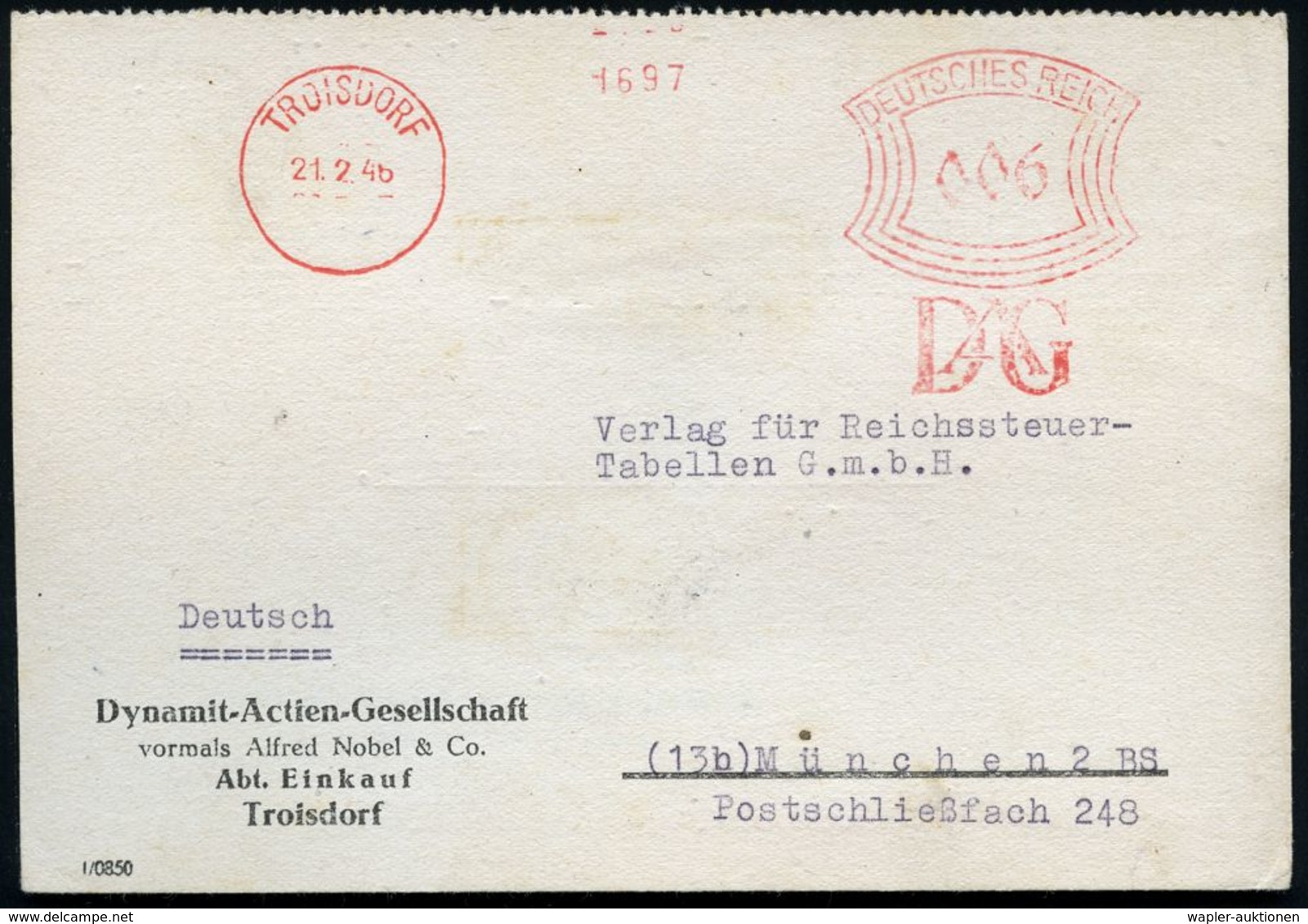 NOBELPREIS / NOBELPREISTRÄGER : TROISDORF/ DAG 1946 (21.2.) Seltener, Unverändert Weiterverwendeter AFS "Bogenrechteck"  - Nobelpreisträger