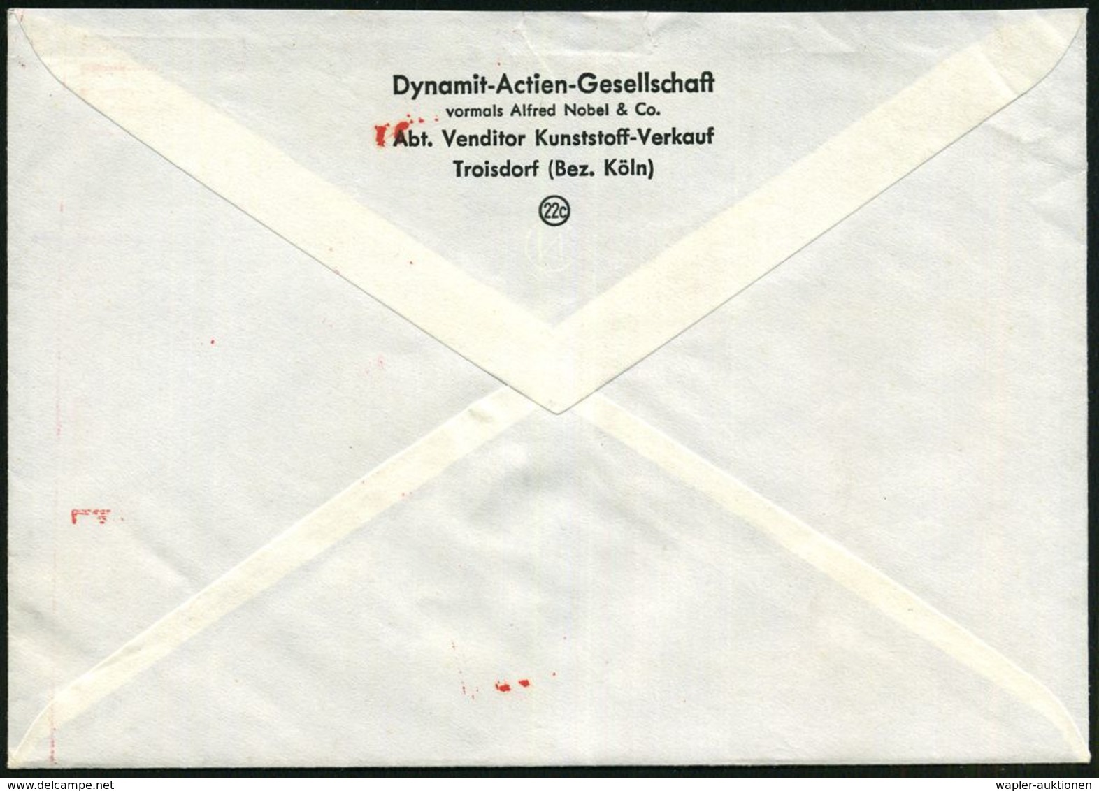 NOBELPREIS / NOBELPREISTRÄGER : (22c) TROISDORF/ DYNAMIT-NOBEL 1958 (4.3.) AFS , Rs. Abs.-Vordruck: "..vormals Alfred No - Nobelpreisträger