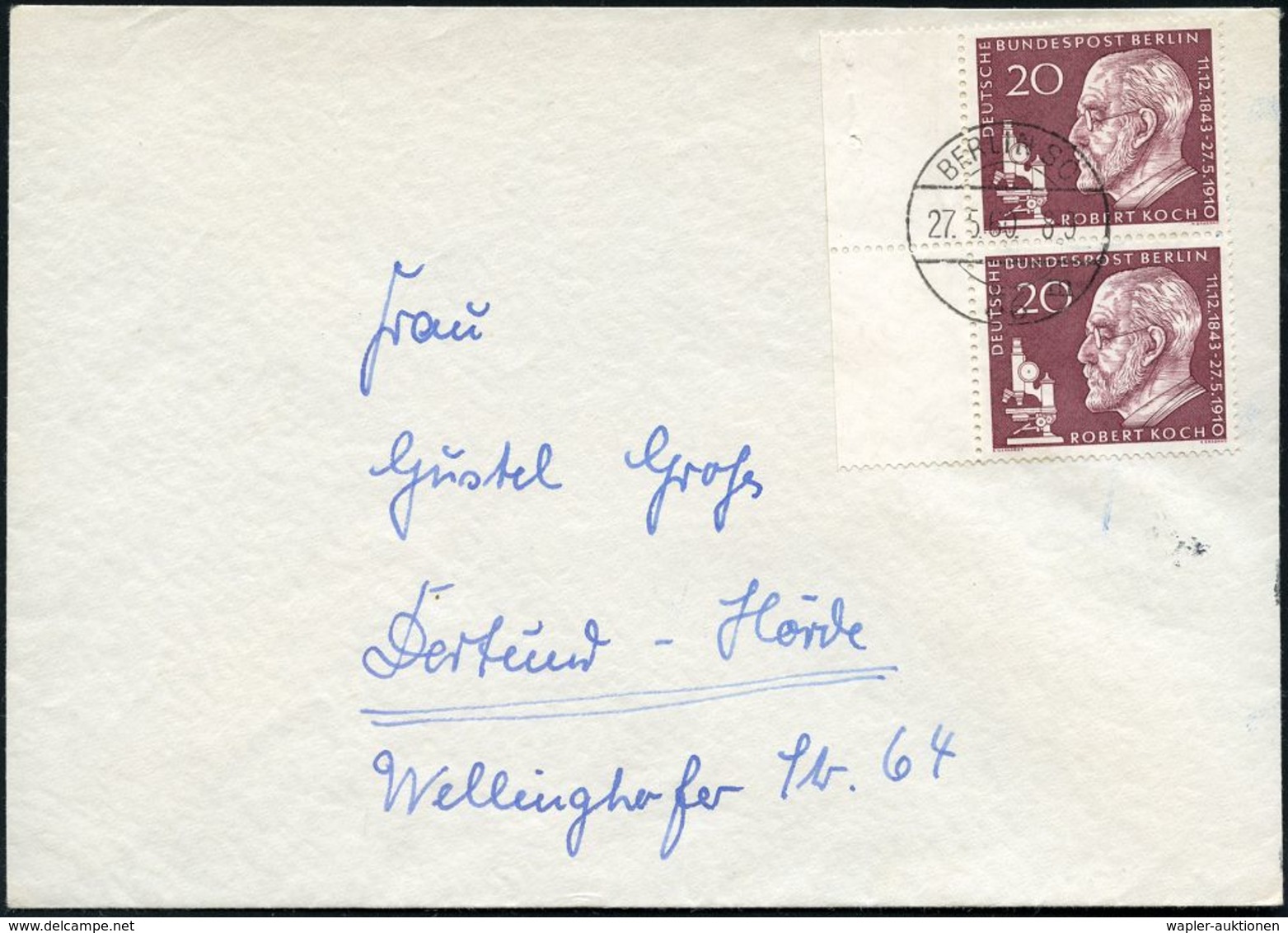 NOBELPREIS / NOBELPREISTRÄGER : BERLIN 1960 (27.5.) 20 Pf. "50. Todestag Robert Koch", Reine MeF: Rand-Paar , Klar Gest. - Nobel Prize Laureates
