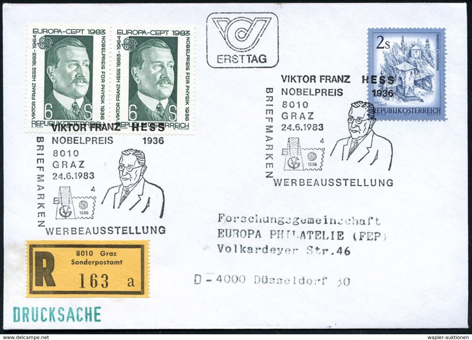 NOBELPREIS / NOBELPREISTRÄGER : ÖSTERREICH 1983 (24.6.) 6 S. Viktor F. Hess, Paar = Physik-Nobelpreis 1936 + Zusatz-Fran - Nobelpreisträger