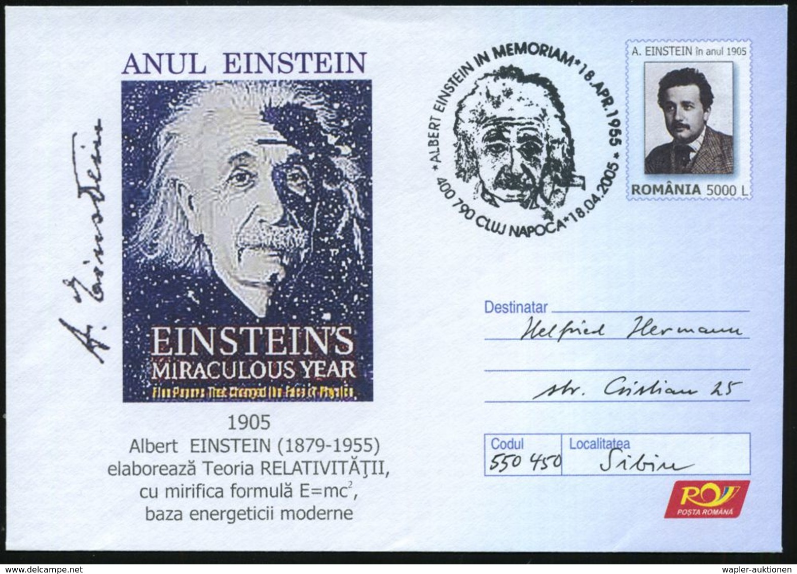 NOBELPREIS / NOBELPREISTRÄGER : RUMÄNIEN 2005 (18.4.) SSt.: 400 790 CLUJ NAPOCA/ ALBERT EINSTEIN IN MEMORIAM = Altersbil - Nobel Prize Laureates