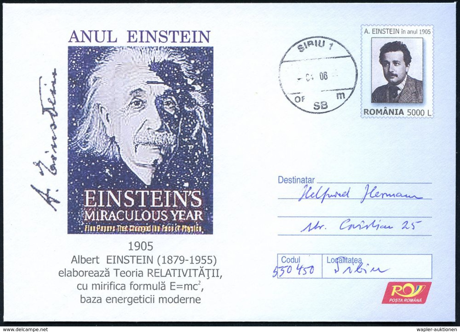 NOBELPREIS / NOBELPREISTRÄGER : RUMÄNIEN 2006 (Apr.) 5000 L. "50. Todesjahr Albert Einstein" = A. Einstein Vor Weltraum  - Nobelpreisträger