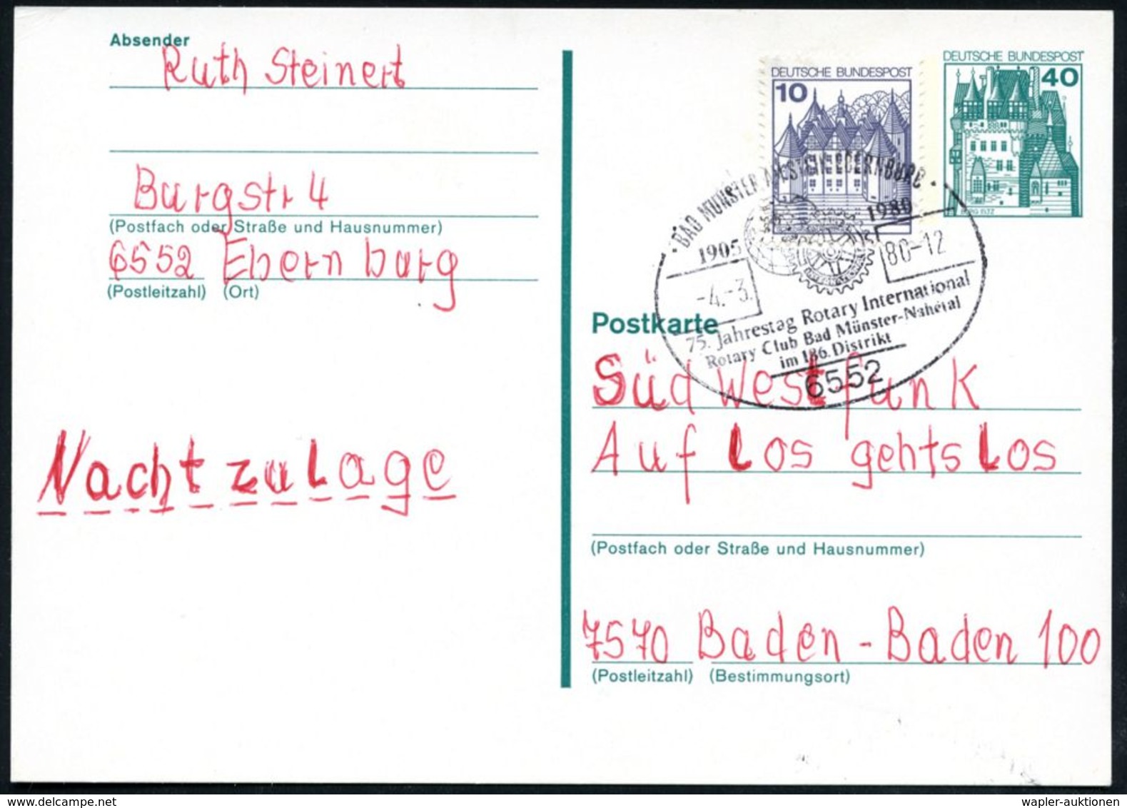 ROTARY INTERNATIONAL : 6552 BAD MÜNSTER AM STEIN-EBENSBURG/ 1905 1980/ 75.Jahrestag Rotary International.. 1980 (4.3.) H - Rotary Club