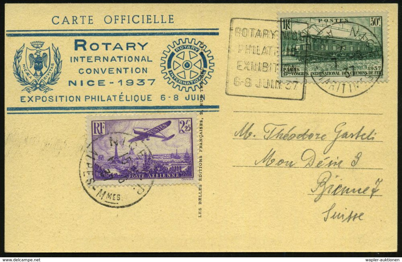 ROTARY INTERNATIONAL : FRANKREICH 1937 (7.6.) FaWSt: NICE/ROTARY NICE/PHILATELIC/EXHIBITION.. , Sauber Gest. Ausl.-Sonde - Rotary Club