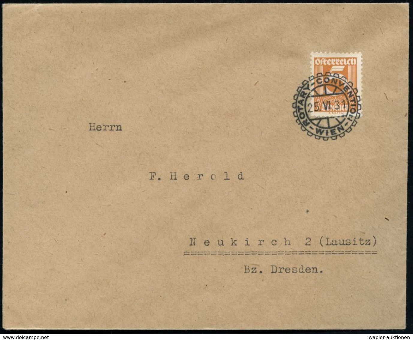ROTARY INTERNATIONAL : ÖSTERREICH 1931 (25.6.) Seltener SSt: WIEN/ROTARY-CONVENTION In Rotary-Sonderform , Klar Gest. Au - Rotary, Lions Club