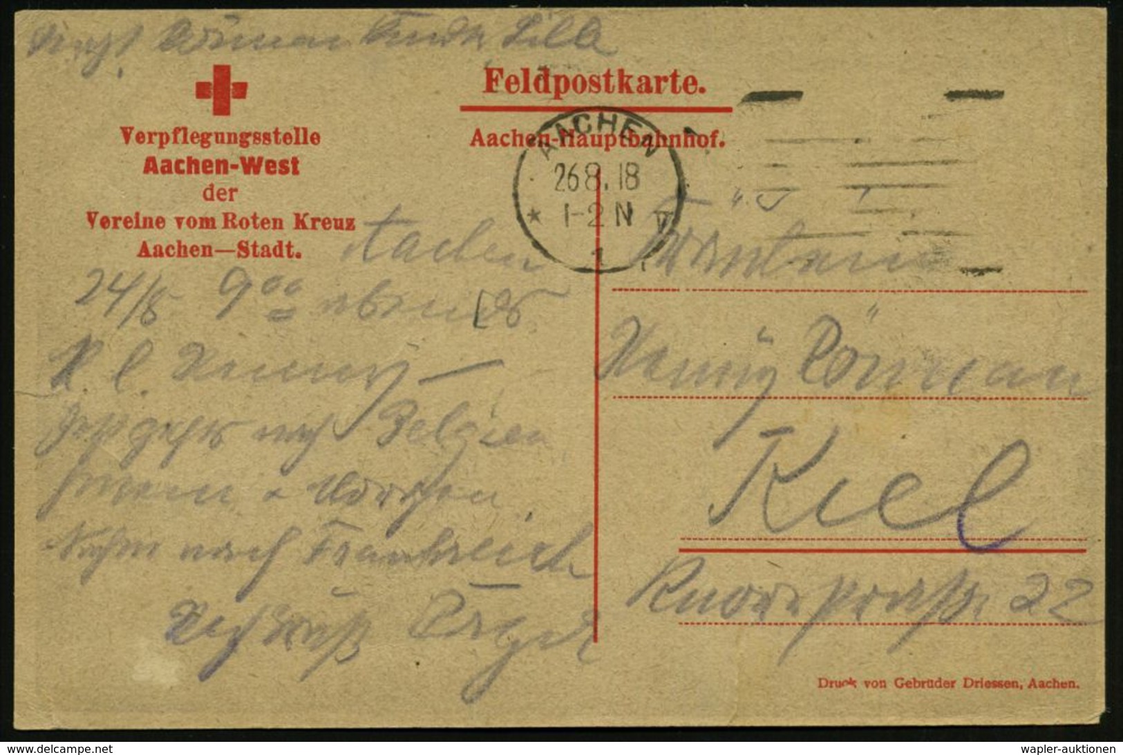 ROTES KREUZ  / DRK / IRK / ROTER HALBMOND : AACHEN/ *1V 1918 (26.8.) Ma.StrichSt. Auf Rotkreuz-Ak.: Verpflegungsstelle A - Red Cross
