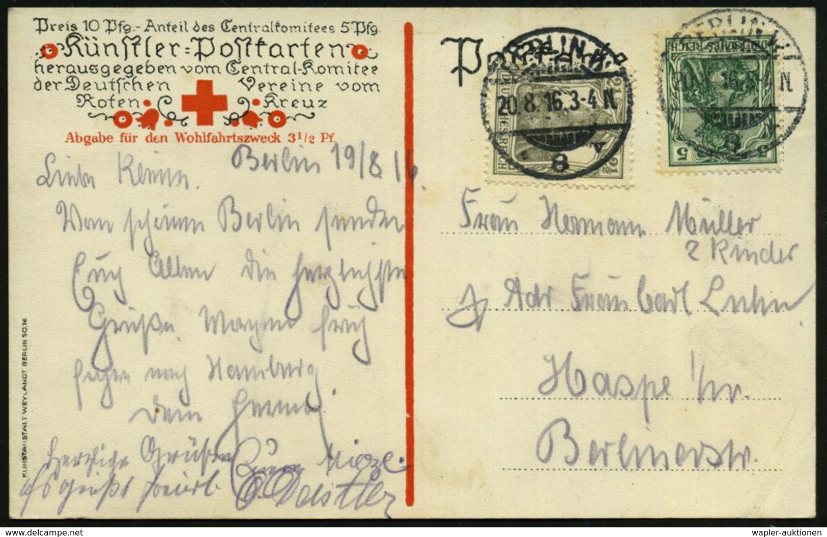 ROTES KREUZ  / DRK / IRK / ROTER HALBMOND : BERLIN N.W./ *8v 1916 (20.8.) 1K-Gitter Auf Rotkreuz-Color-Spenden-Künstler- - Red Cross