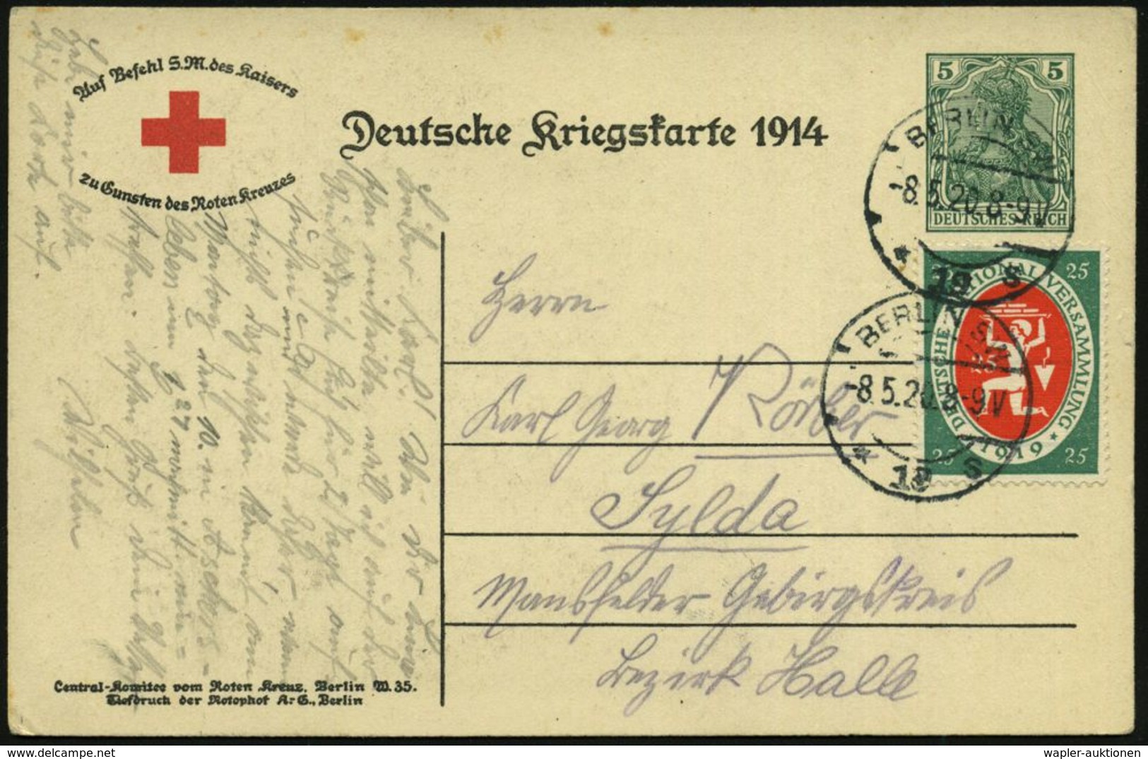 ROTES KREUZ  / DRK / IRK / ROTER HALBMOND : BERLIN SW/ *19s 1920 (8.5.) 1K-Brücke Auf Sonder-P 5 Pf. Germania, Grün: Rot - Red Cross