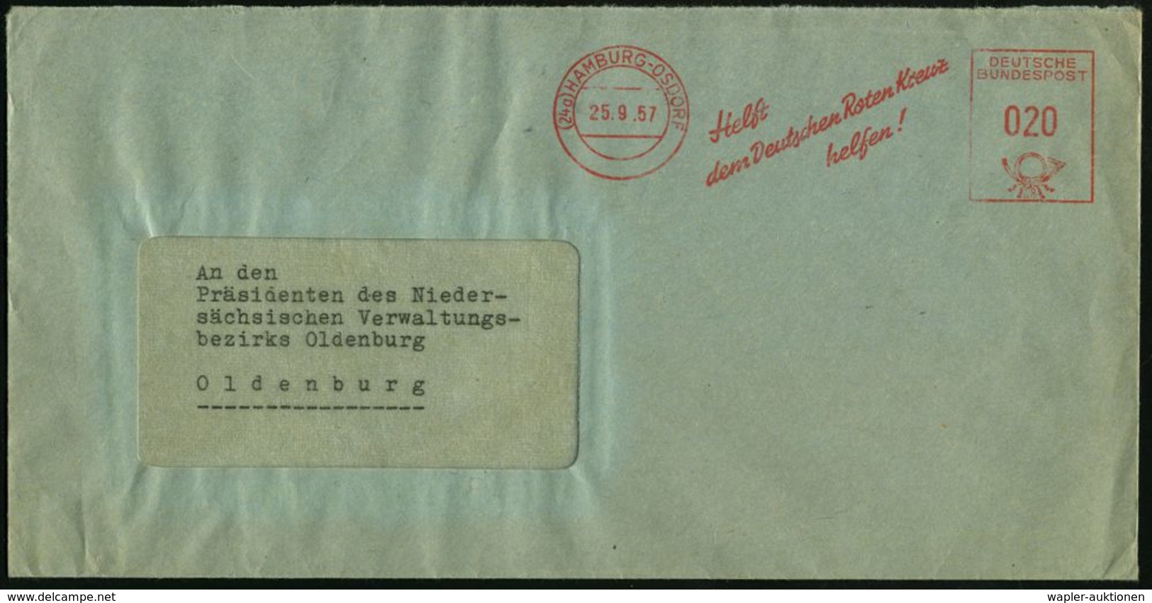 ROTES KREUZ  / DRK / IRK / ROTER HALBMOND : (24a) HAMBURG-OSDORF/ Helft/ Dem DRK/ Helfen! 1957 (25.9.) AFS + Rs. Abs.-Vo - Red Cross