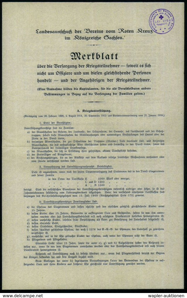 ROTES KREUZ  / DRK / IRK / ROTER HALBMOND : Leipzig 1916 Orig. Dokument: "Merkblatt Landesausschuß Der Vereine Vom Roten - Croix-Rouge
