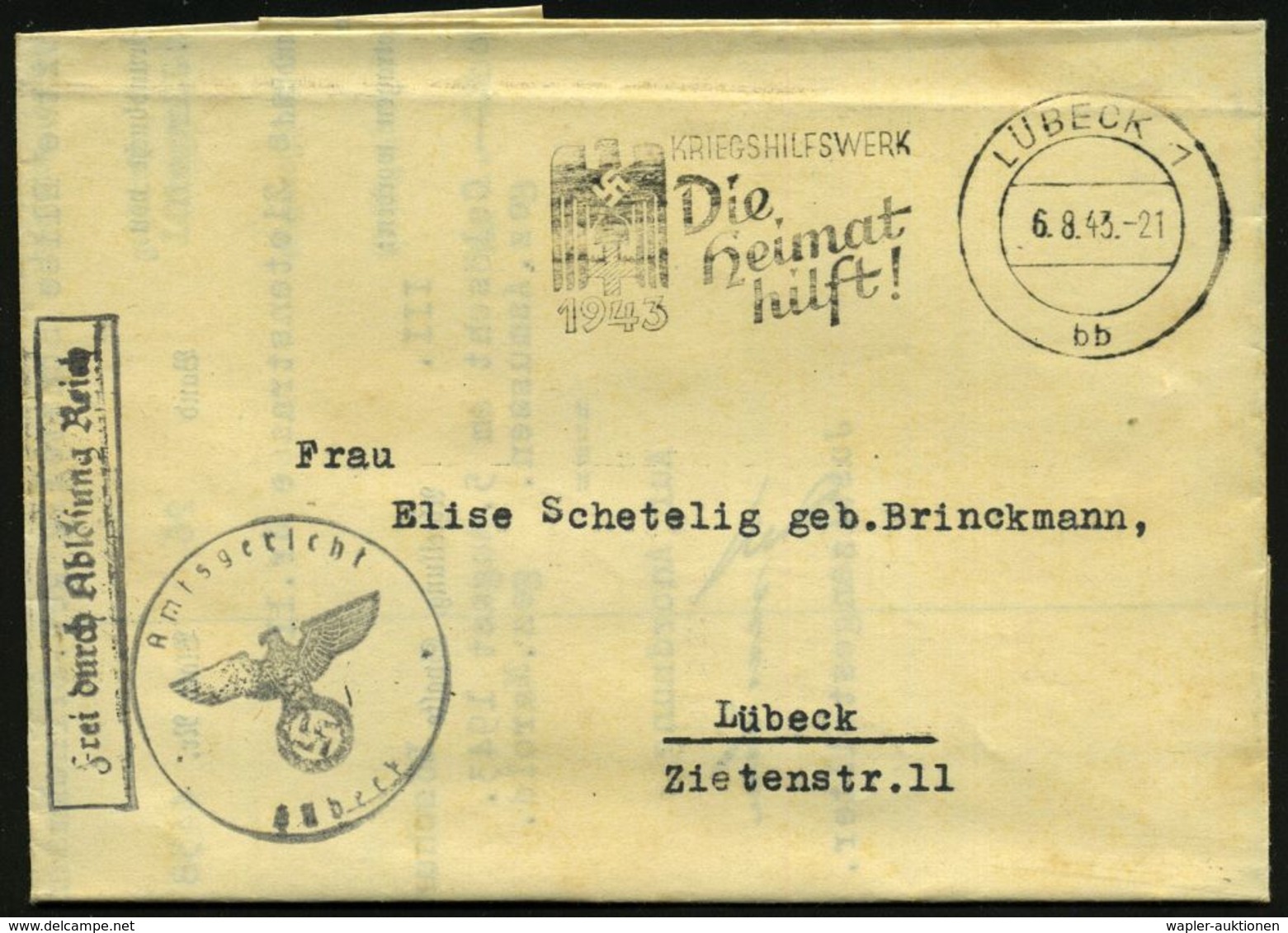 ROTES KREUZ  / DRK / IRK / ROTER HALBMOND : LÜBECK 1/ Bb/ 1943/ KRIEGSHILFSWERK/ Die/ Heimat/ Hilft! 1943 (6.8.) MWSt (R - Red Cross