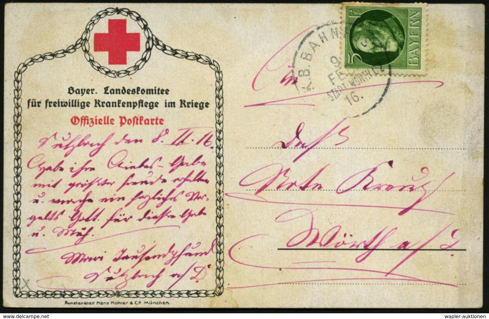 ROTES KREUZ  / DRK / IRK / ROTER HALBMOND : MUENCHEN 19 1916 (9.2.) Bayer. 2K Auf Rotkreuz-Color-Spenden-Künstler-Ak.: B - Red Cross