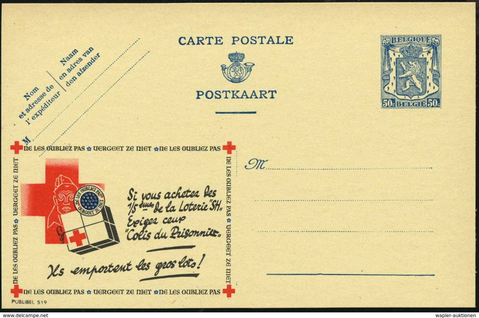 ROTES KREUZ  / DRK / IRK / ROTER HALBMOND : BELGIEN 1941 50 C. Reklame-P Blau: ..Loterie "SH"..Colis Du Prisonnier.. (RK - Red Cross