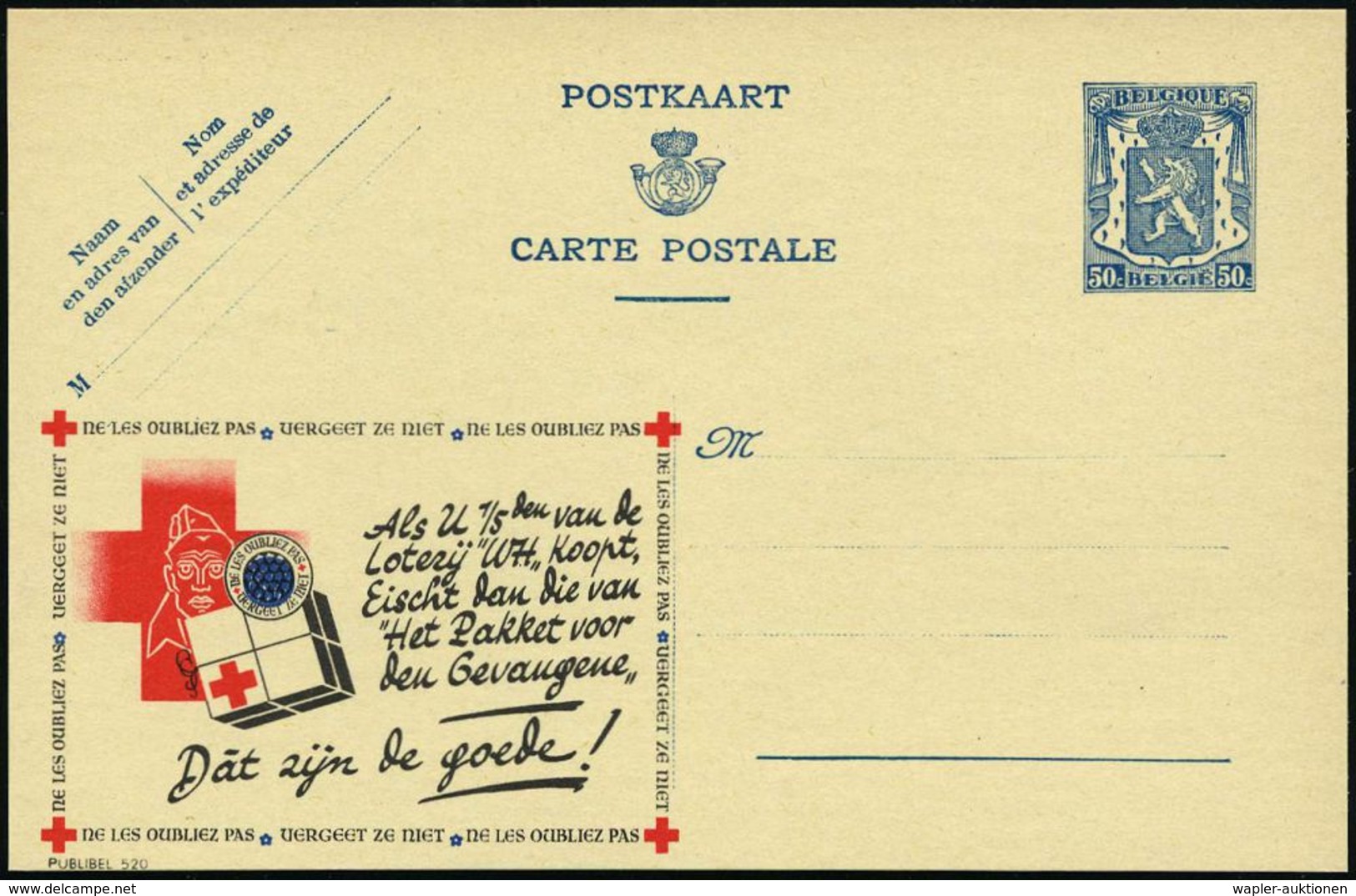 ROTES KREUZ  / DRK / IRK / ROTER HALBMOND : BELGIEN 1941 50 C. Reklame-P Blau: ..Loterij.."Het Pakket Voor Den Gevangene - Red Cross