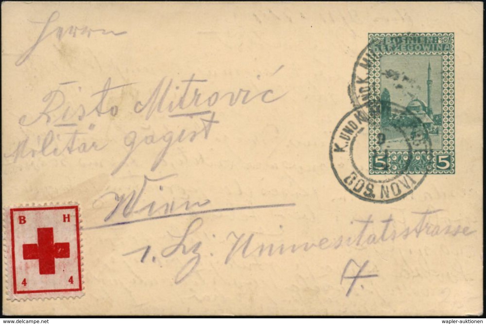 ROTES KREUZ  / DRK / IRK / ROTER HALBMOND : BOSNIEN-HERZEGOWINA 1914 (9.11.) Amtl. Inl.-P 5 H. Karagjoz-Moschee, Grün +  - Red Cross