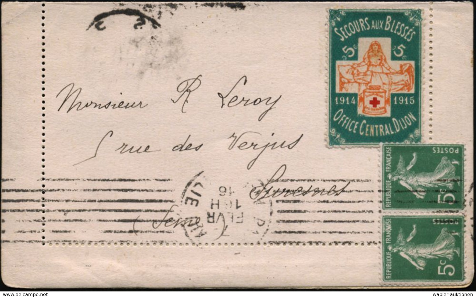 ROTES KREUZ  / DRK / IRK / ROTER HALBMOND : FRANKREICH 1916 (7.2.) Rotkreuz-Spendenmarke 5 C. : SECOURS AUX BLESSES/OFFI - Rotes Kreuz