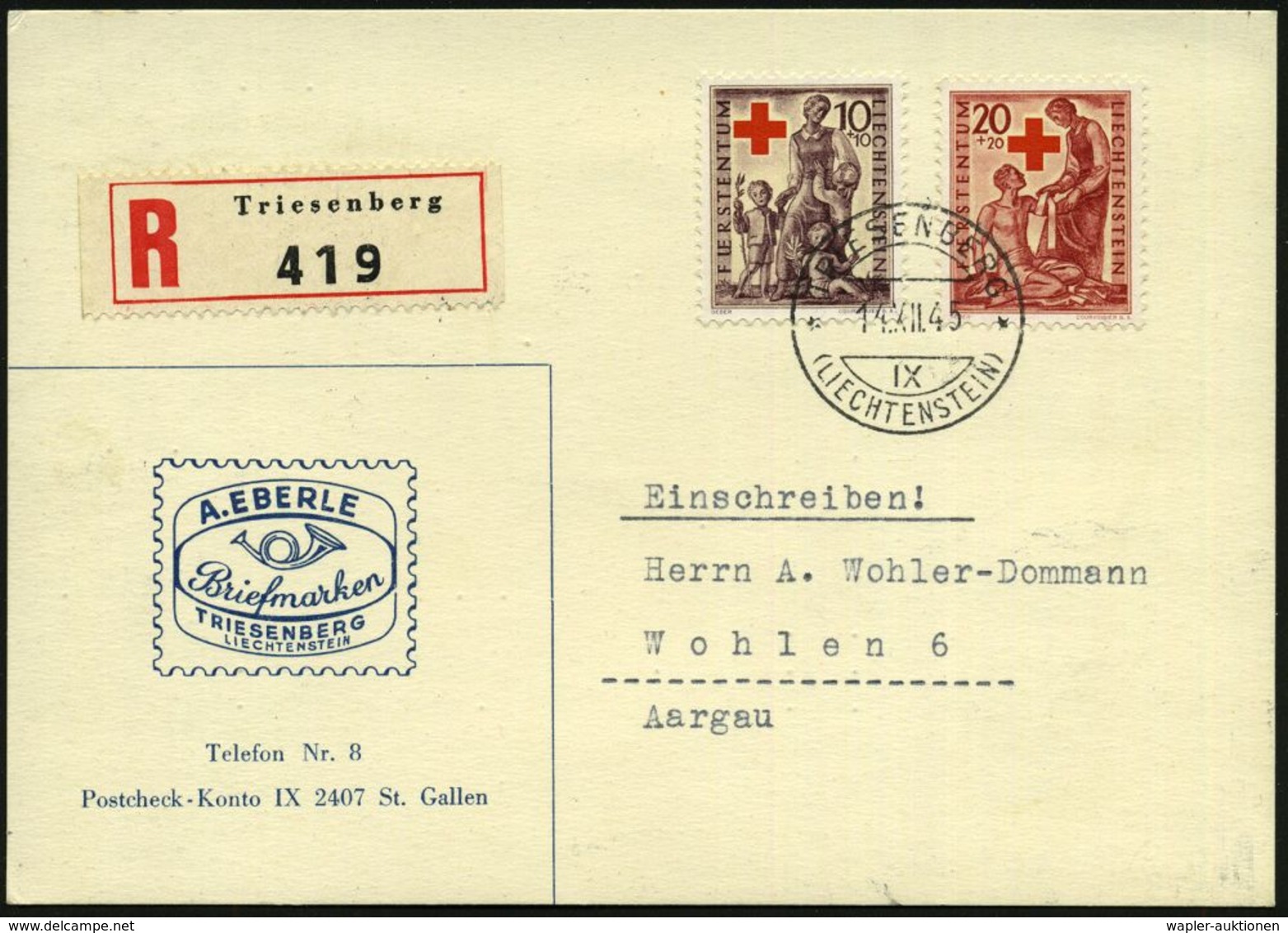 ROTES KREUZ  / DRK / IRK / ROTER HALBMOND : LIECHTENSTEIN 1945 (14.12.) 20 C.+10 U. 20 C.+20 C. Rotes Kreuz , Klar Gest. - Red Cross