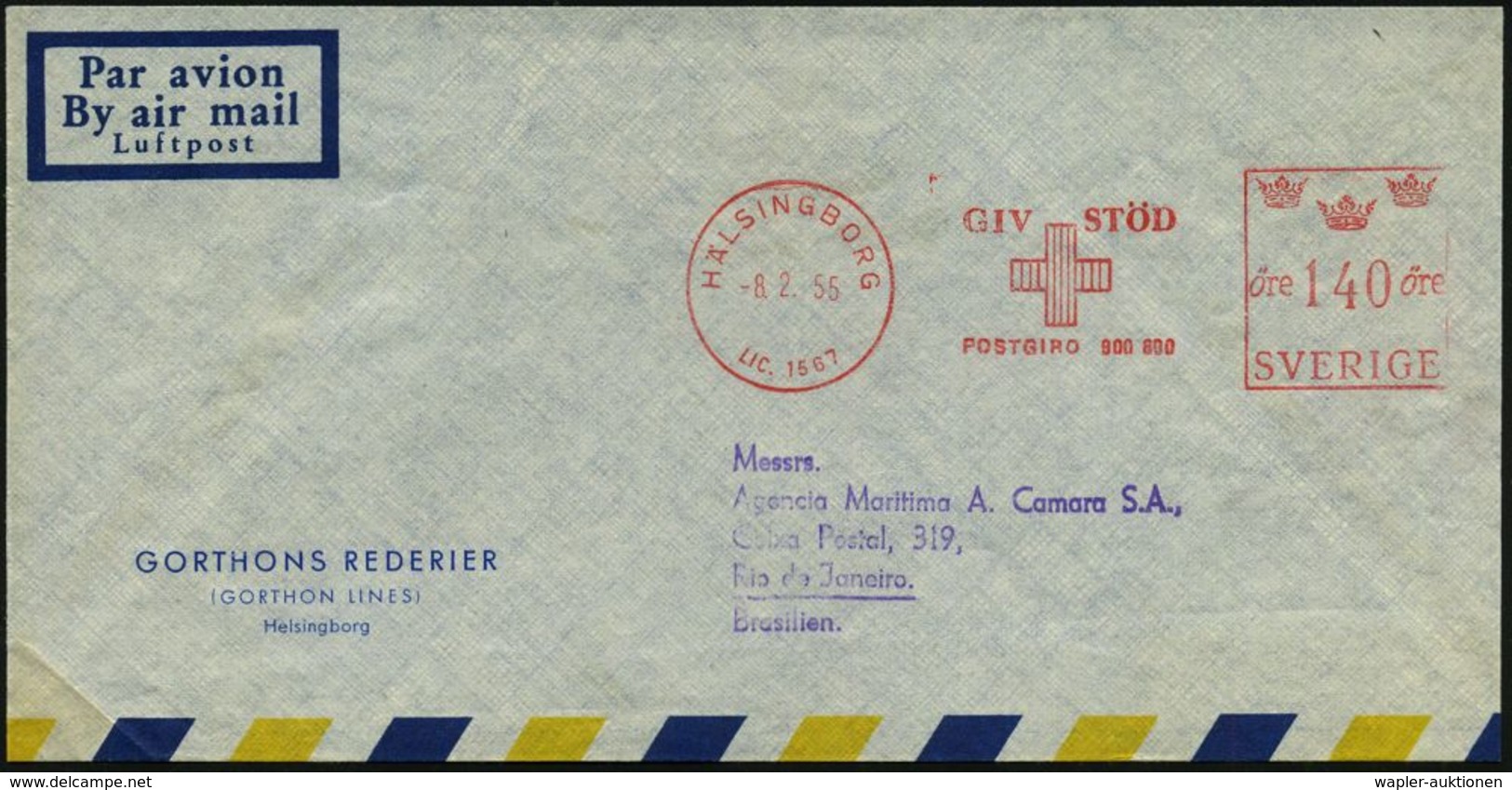 ROTES KREUZ  / DRK / IRK / ROTER HALBMOND : SCHWEDEN 1955 (8.2.) AFS: HÄLSINGBORG/LIC.1567/GIV STÖD/POSTGIRO 900 800 (Kr - Croix-Rouge