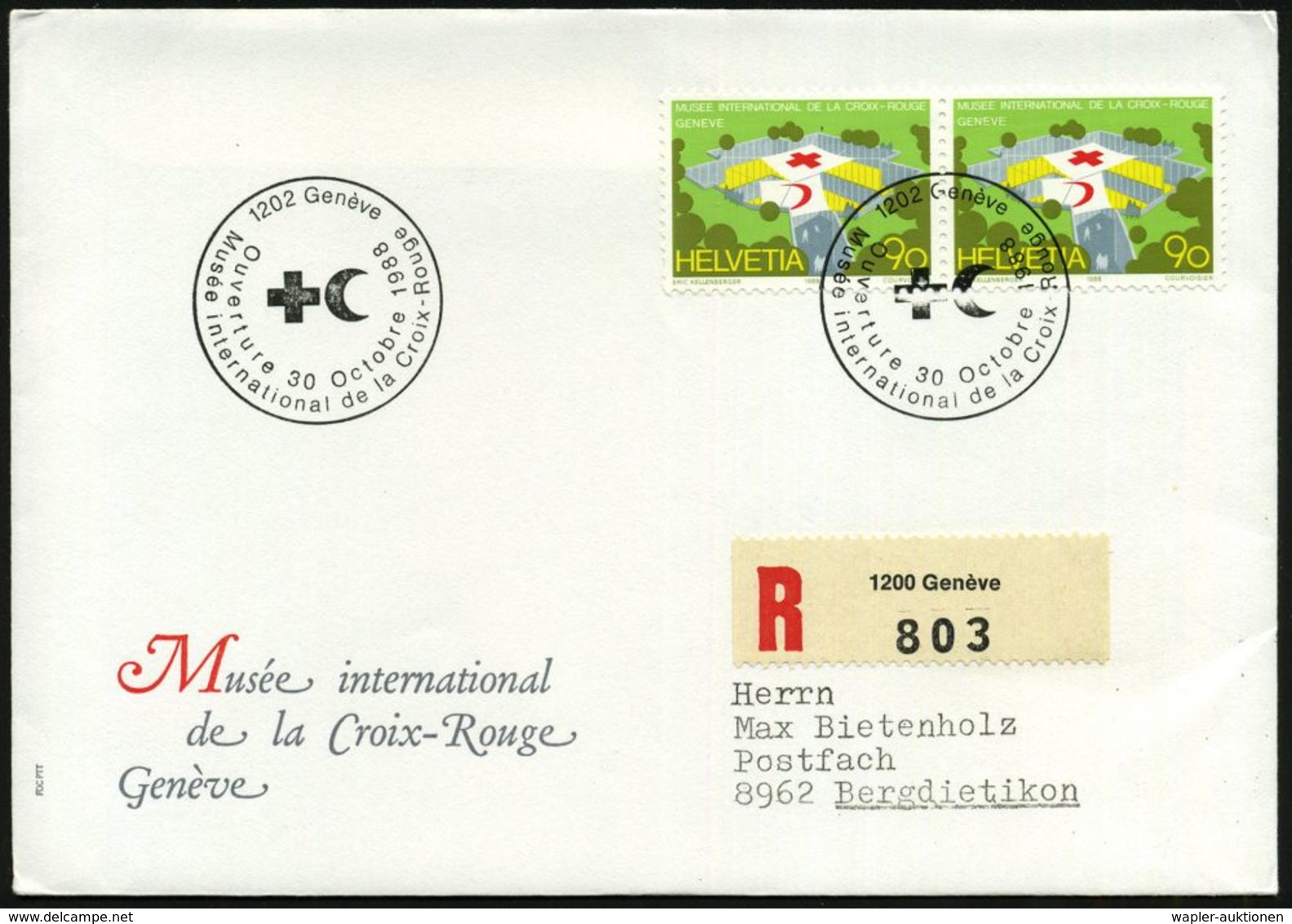 ROTES KREUZ  / DRK / IRK / ROTER HALBMOND : SCHWEIZ 1988 (30.10.) SSt: 1202 Genève/OUVERTURE../Musée Int. De La Croix-Ro - Red Cross