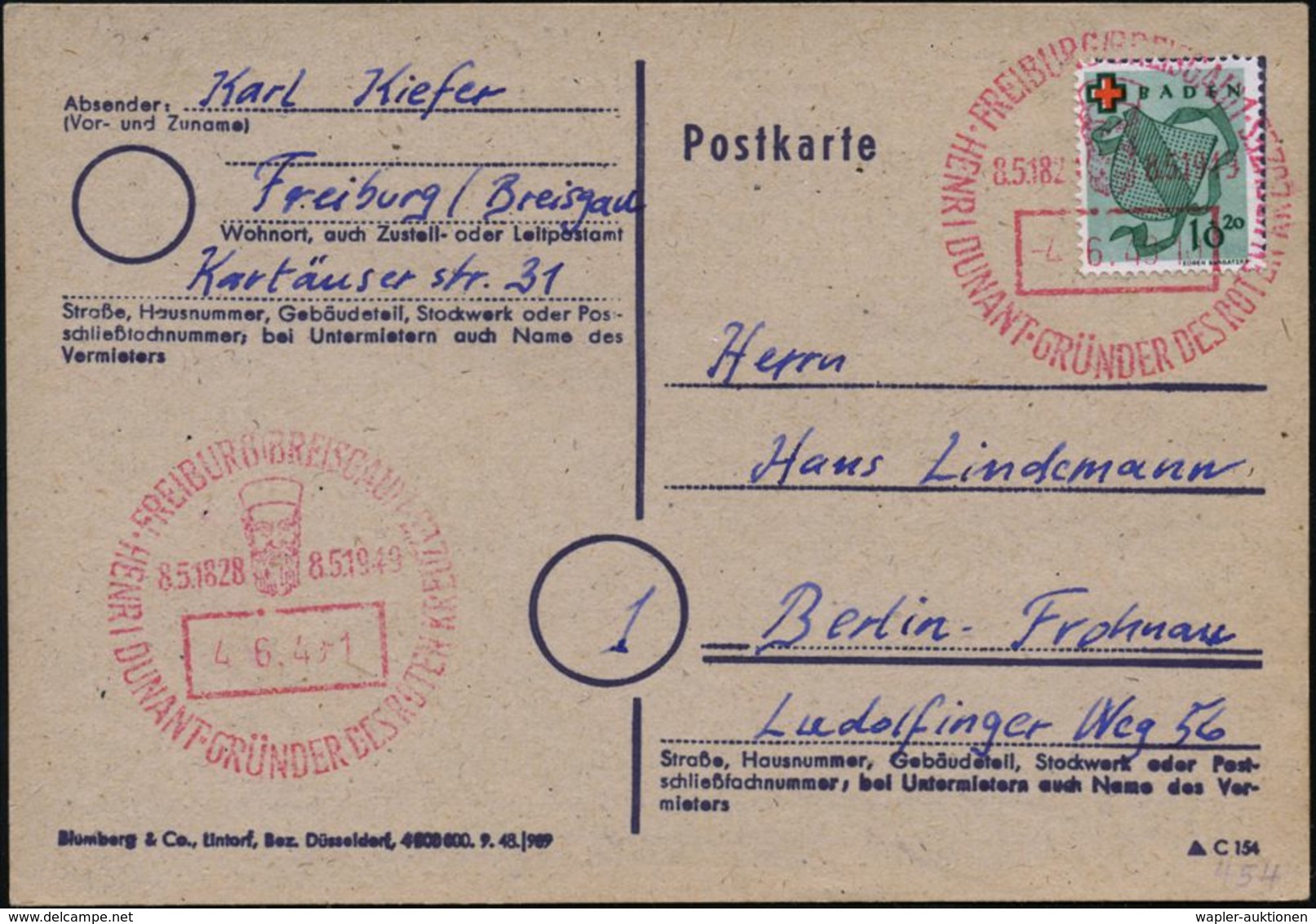 ROTKREUZ-PIONIERE / HENRI DUNANT : FREIBURG (BREISGAU)1/ HENRI DUNANT-GRÜNDER DES ROTEN KREUZES 1949 (8.5.) Roter SSt =  - Henry Dunant