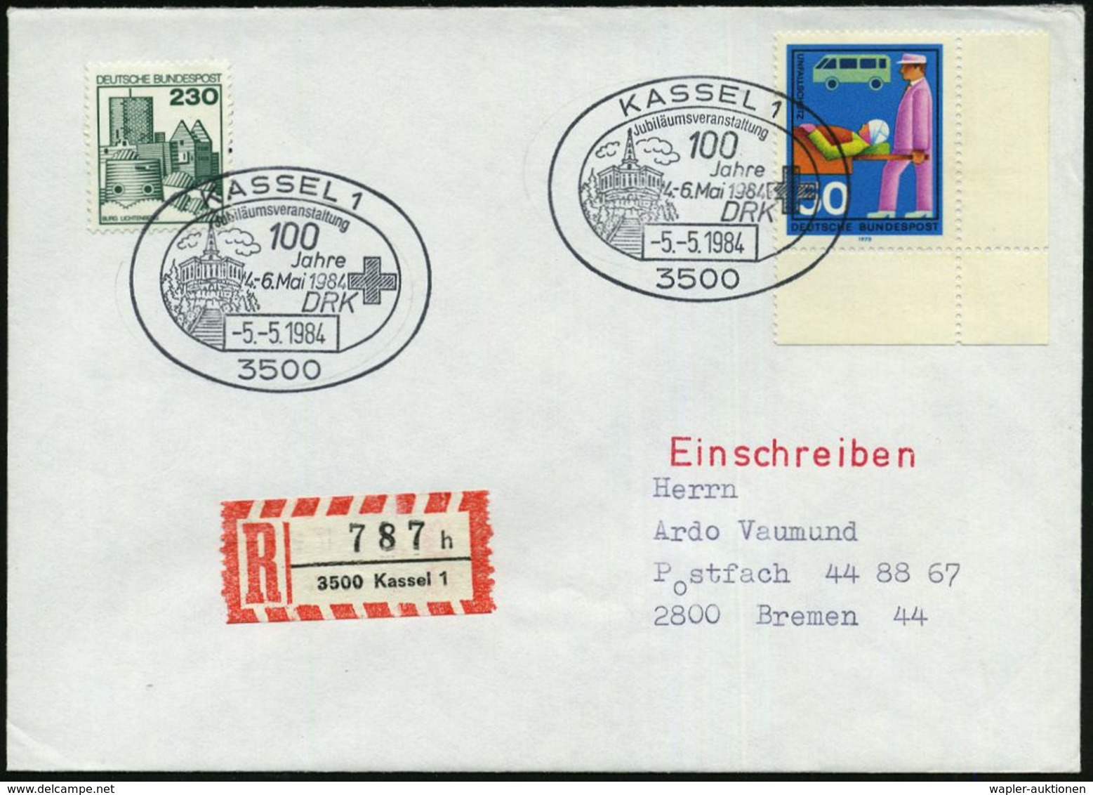 ROTKREUZ-JUBILÄEN : 3500 KASSEL 1/ ..100/ Jahre/ ..DRK 1984 (5.5.) SSt = Rotes Kreuz (u. Schloß Wilhelmshöhe) + RZ: 3500 - Rotes Kreuz