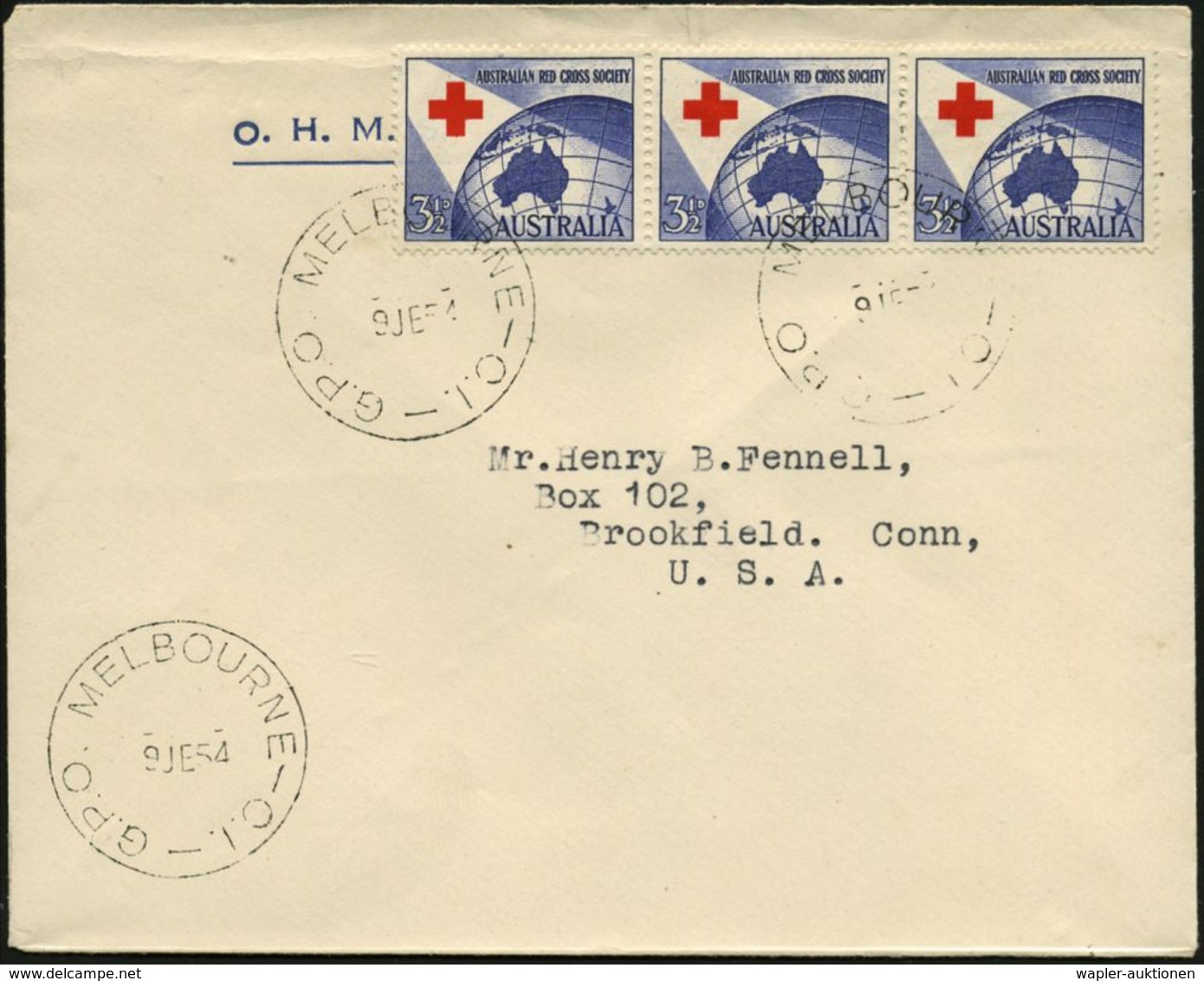 ROTKREUZ-JUBILÄEN : AUSTRALIEN 1954 (9.6.) 3 1/2 P. "40 Jahre Australisches R.K.", Waager. 3er-Streifen , Bedarfs- Übers - Red Cross