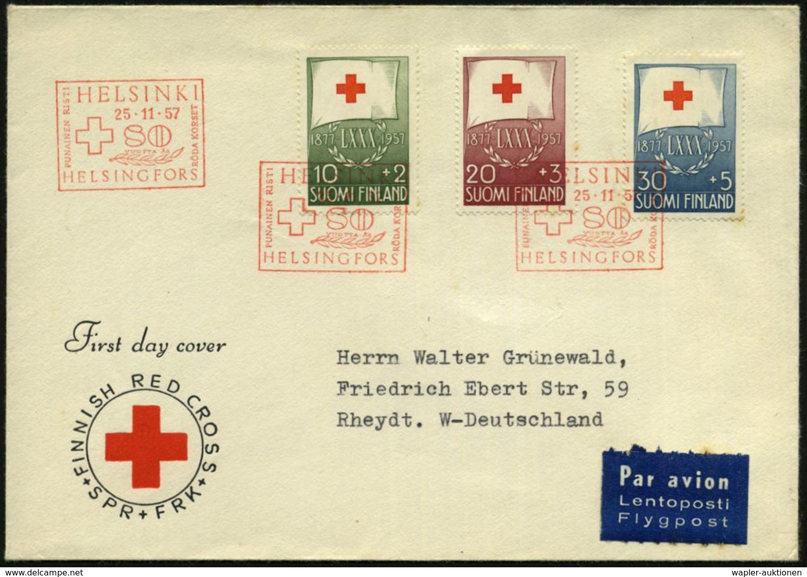 ROTKREUZ-JUBILÄEN : FINNLAND 1957 (25.11.) "80 Jahre Finnisches R.K.", Kompl. Satz = R.K.-Flagge , 3x Roter ET-SSt.: HEL - Red Cross