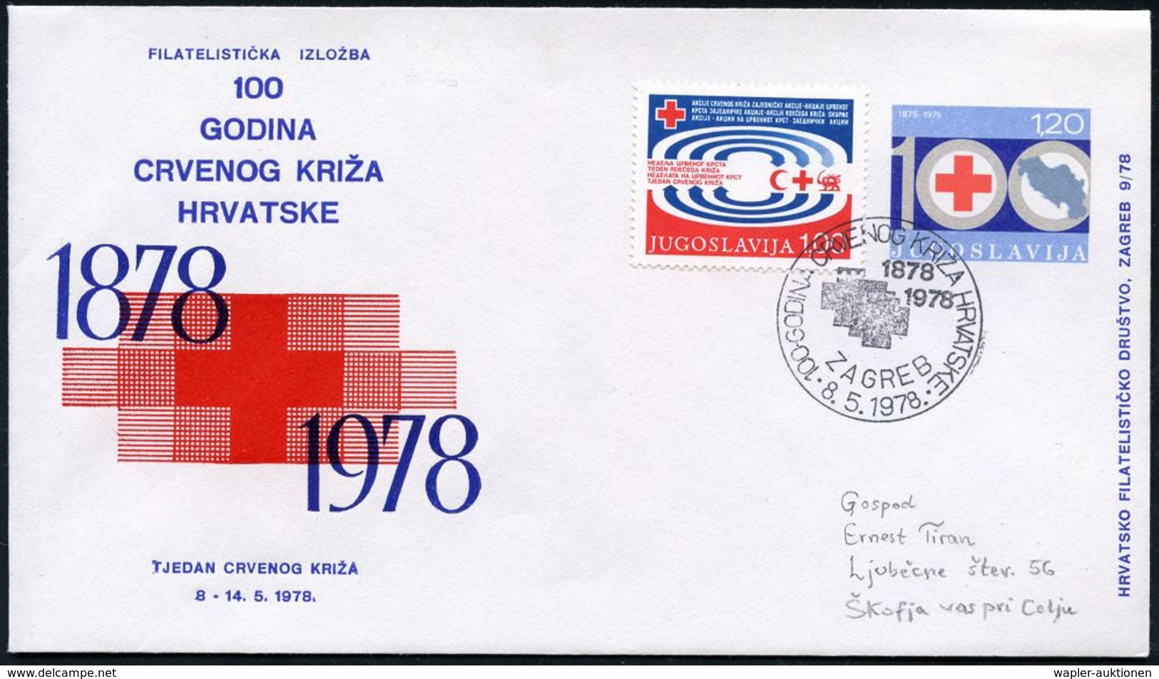 ROTKREUZ-JUBILÄEN : JUGOSLAWIEN 1978 (8.5.) PU 1,20 Din. "100 Jahre Rotes Kreuz V.Kroatien" + RK-Zwangszuschlag (Mi.Zw.6 - Croix-Rouge