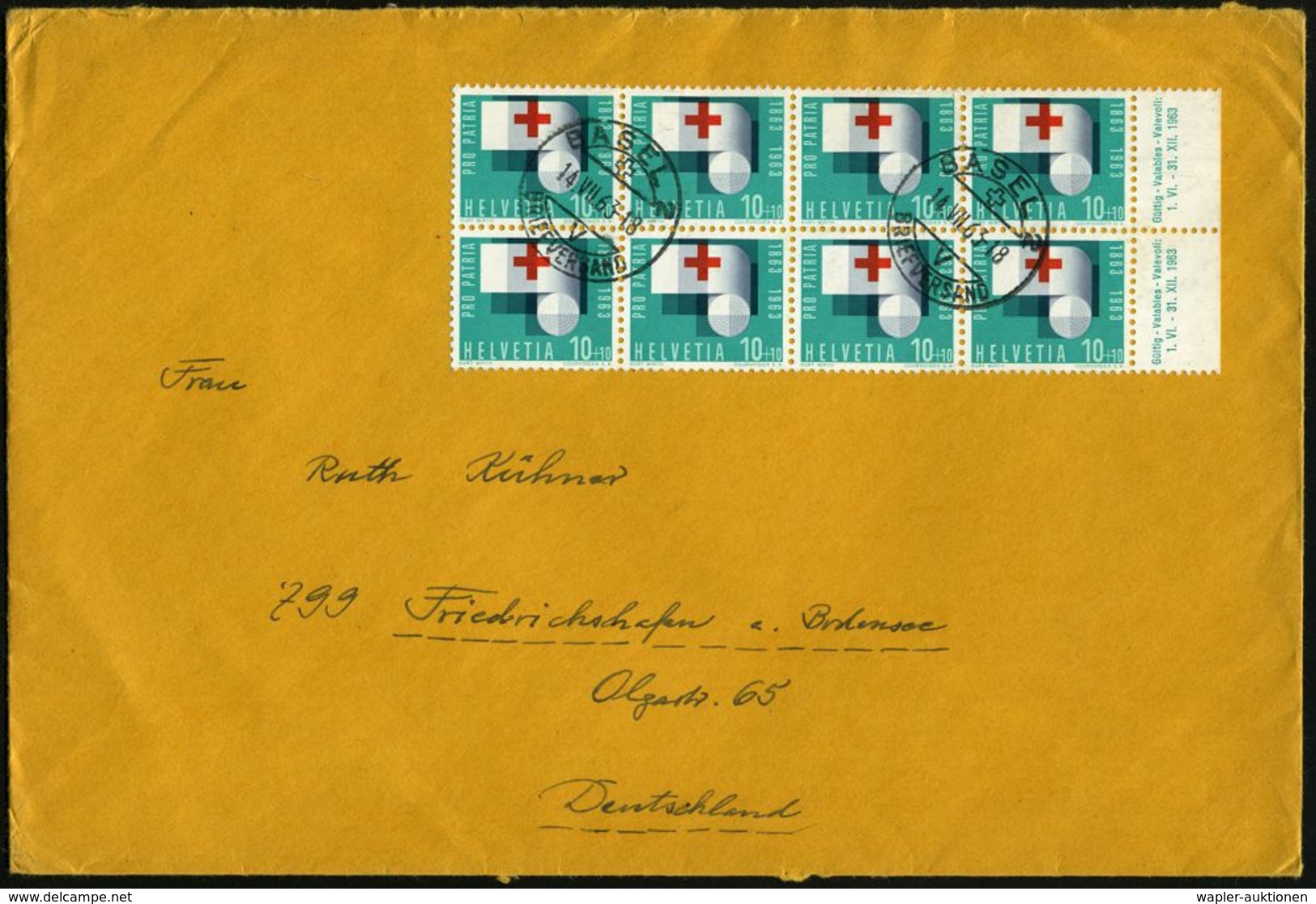 ROTKREUZ-JUBILÄEN : SCHWEIZ 1963 (14.7.) 10 C.+ 10 C. Pro Patria = 100 Jahre I.R.K., Rand-8er-Block , 2x Rand-Inschrift  - Rotes Kreuz