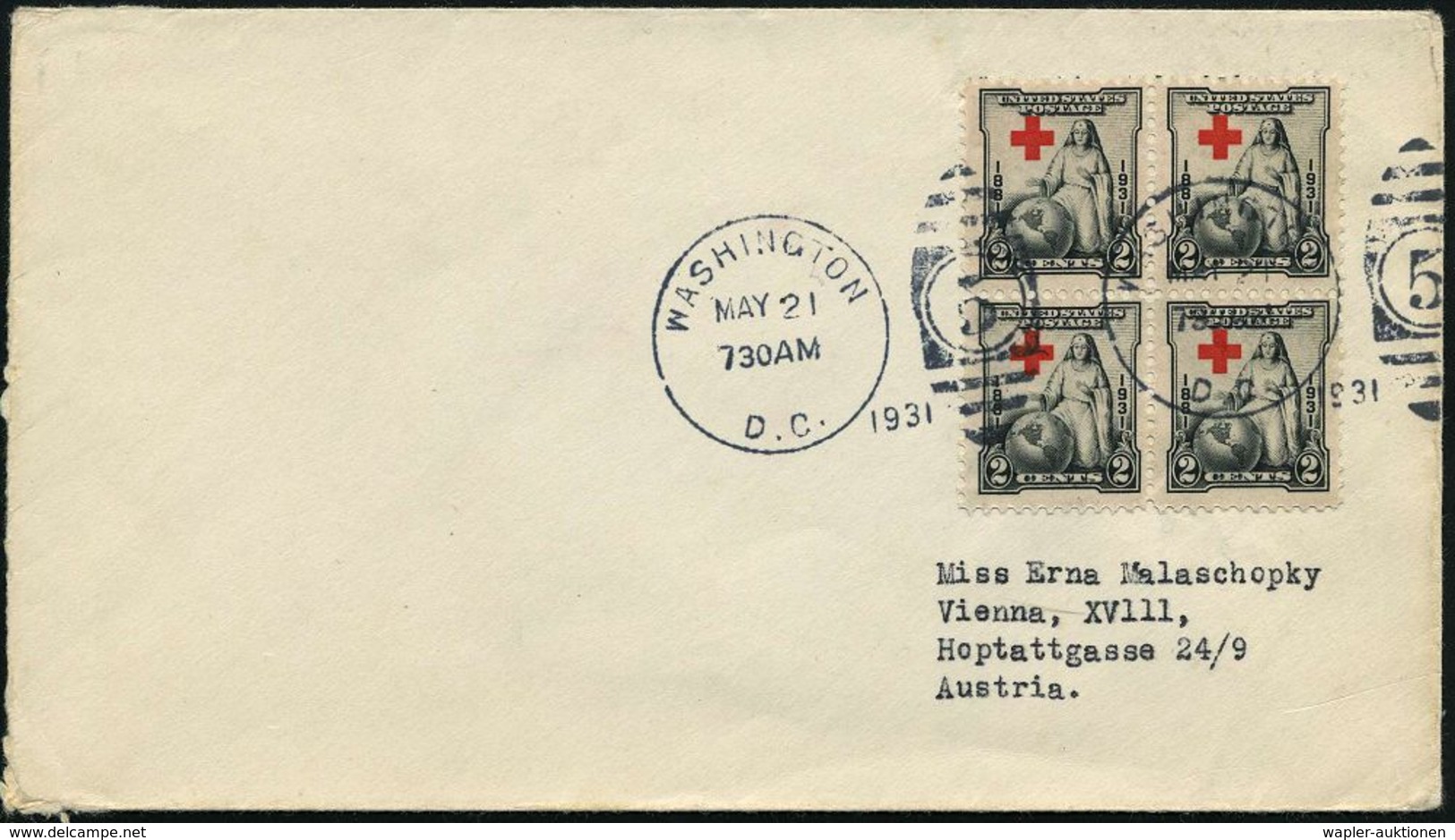 ROTKREUZ-JUBILÄEN : U.S.A. 1931 (21.5.) 2 C. "50 Jahre US.-Rotkreuz-Ges.", Reine MeF: 4er-Block = Plakat "The Greatest M - Croce Rossa