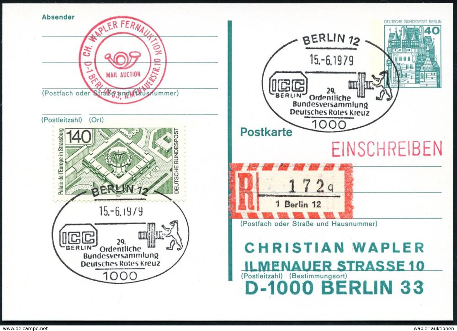 ROTKREUZ-KONFERENZEN & KONGRESSE : 1000 BERLIN 12/ 29./ Ordentl./ Bundesversammlung/ DRK 1979 (15.6.) SSt (Bär Mit Kreuz - Rode Kruis